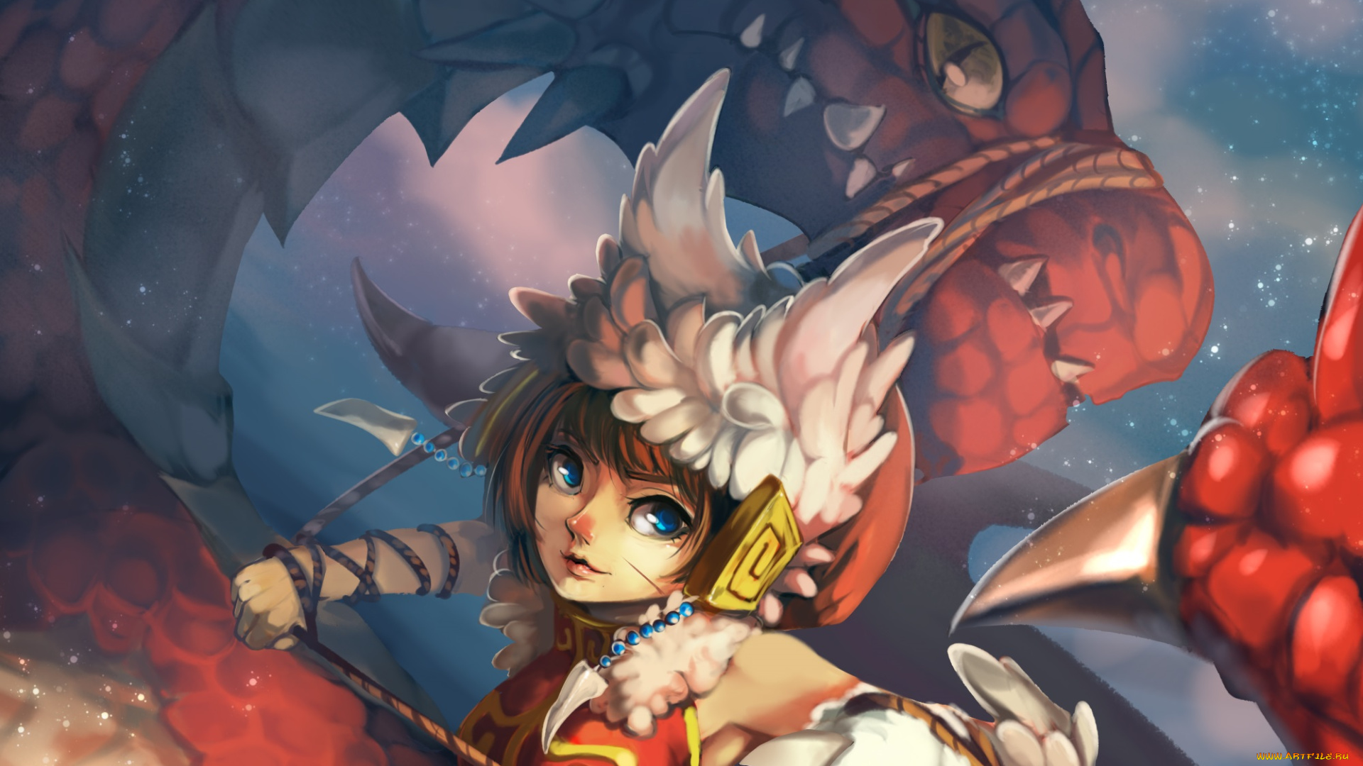 аниме, животные, , существа, арт, девушка, взгляд, дракон