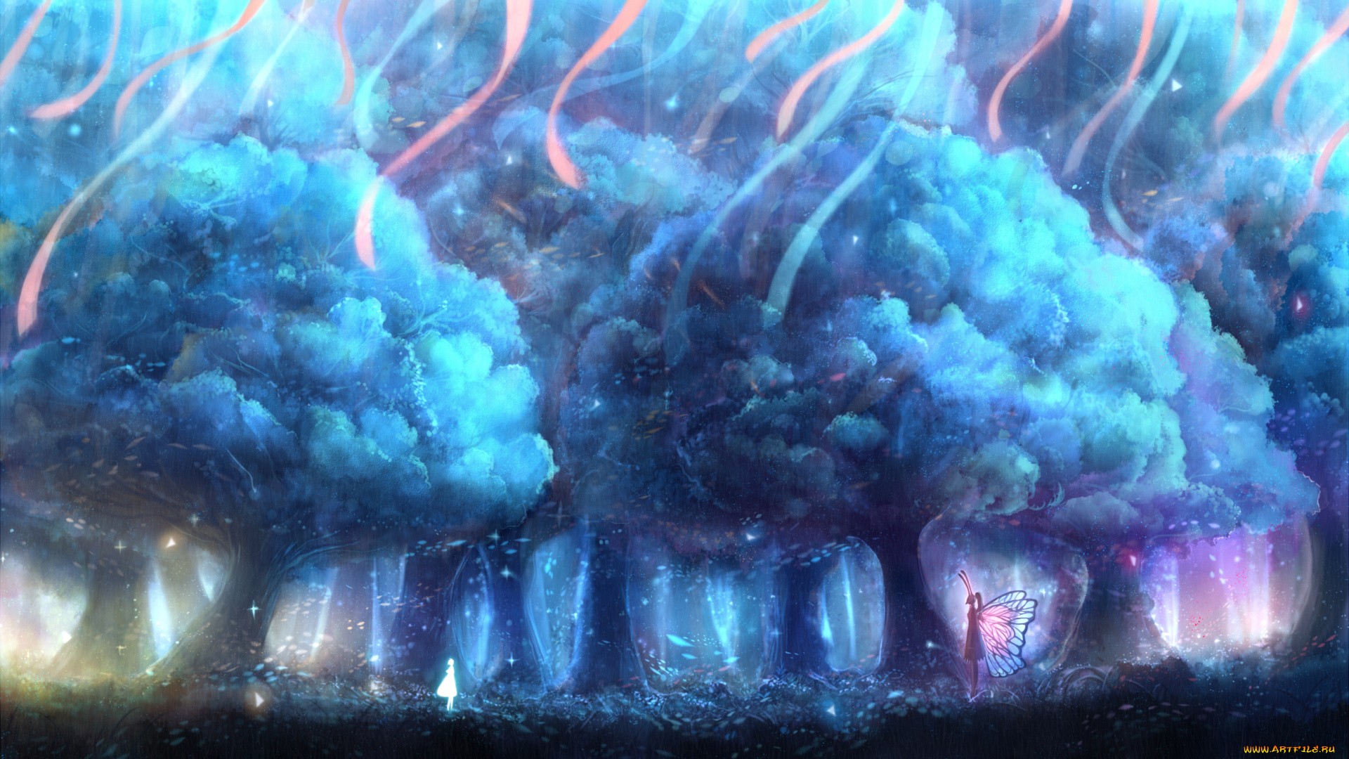 аниме, животные, , существа, фея, бабочка, деревья, лес, арт, bou, nin