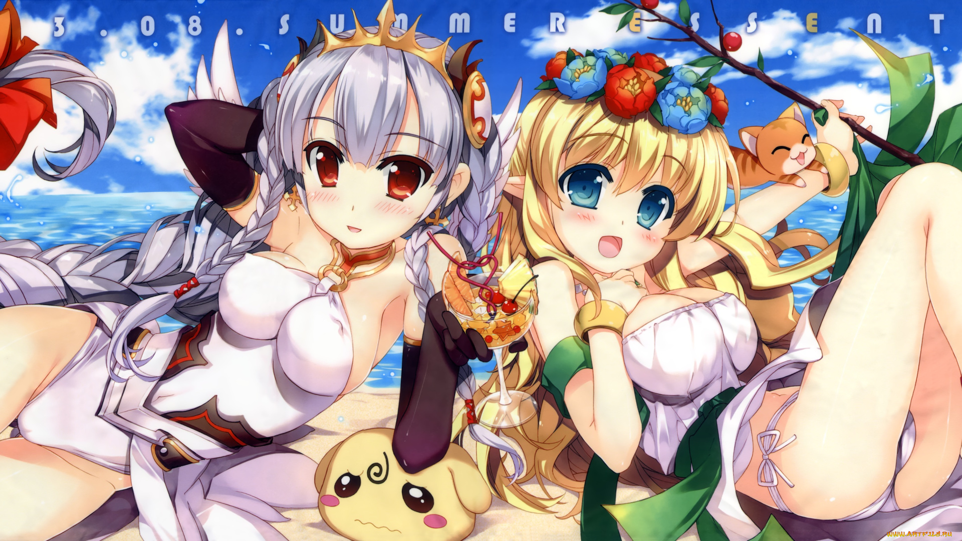 аниме, животные, , существа, fujima, takuya, небо, брызги, море, коктейль, бант, коты, цветы, пляж, девушки, арт
