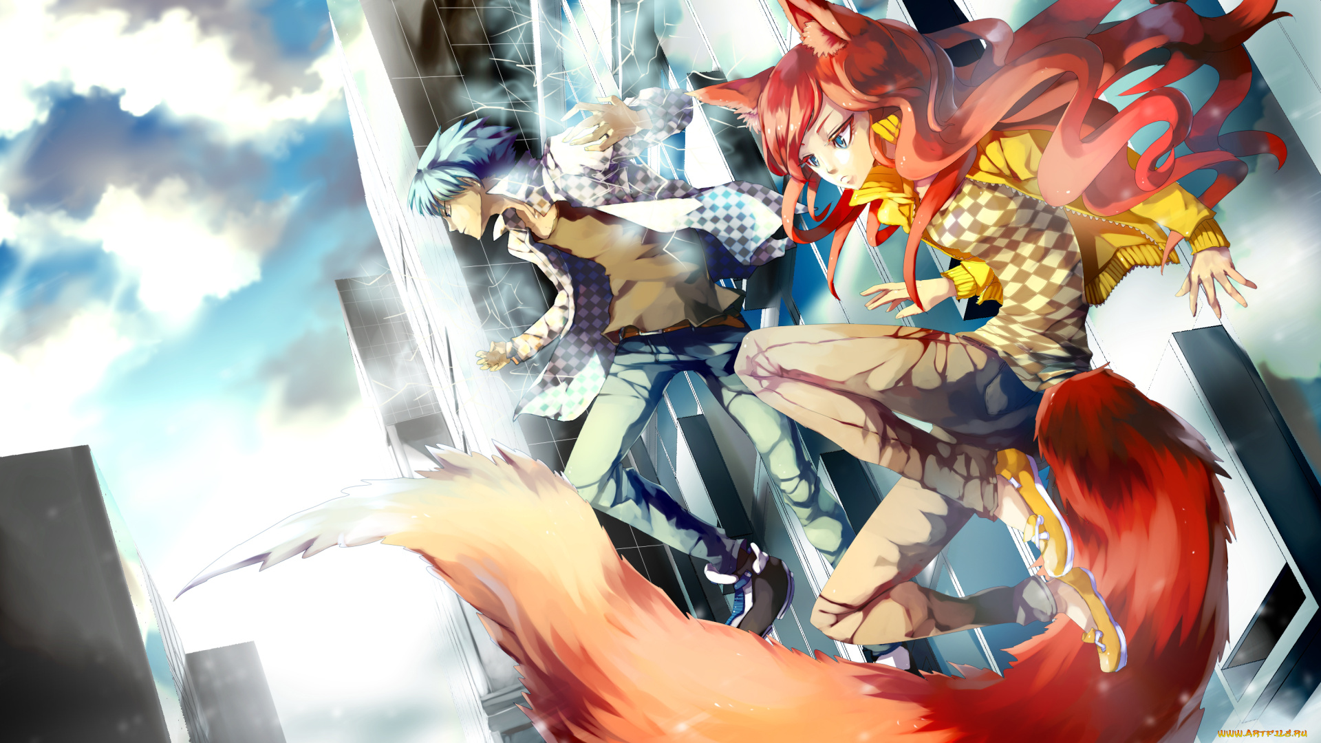 аниме, животные, , существа, лиса, арт, хвост, ушки, девушка, здание, парень