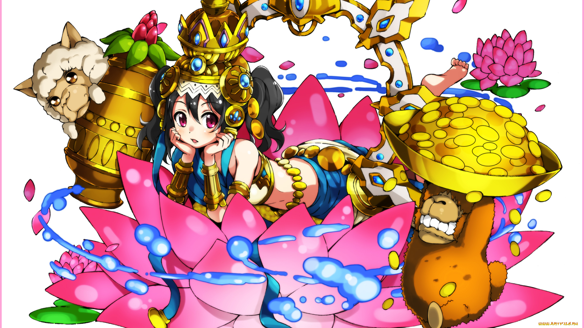 аниме, животные, , существа, yazawa, nico, взгляд, девушка, арт, nanda, rone, золото, монеты, брюнетка