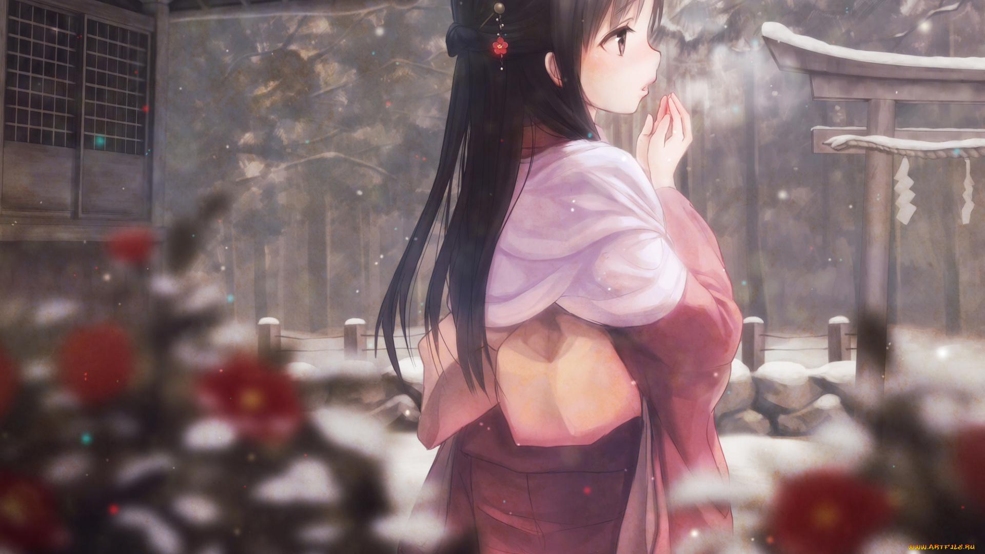 аниме, зима, , новый, год, , рождество, девушка, арт, шатенка