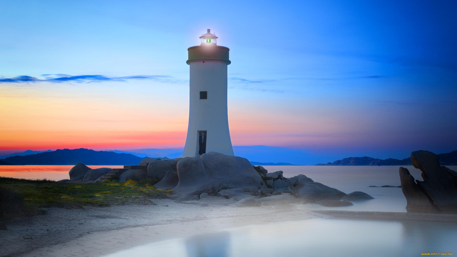 природа, маяки, море, water, sunset, sky, sardinia, sea, italy, rocks, marcocarmassi, lighthouse, ligh, landscape, clouds, закат