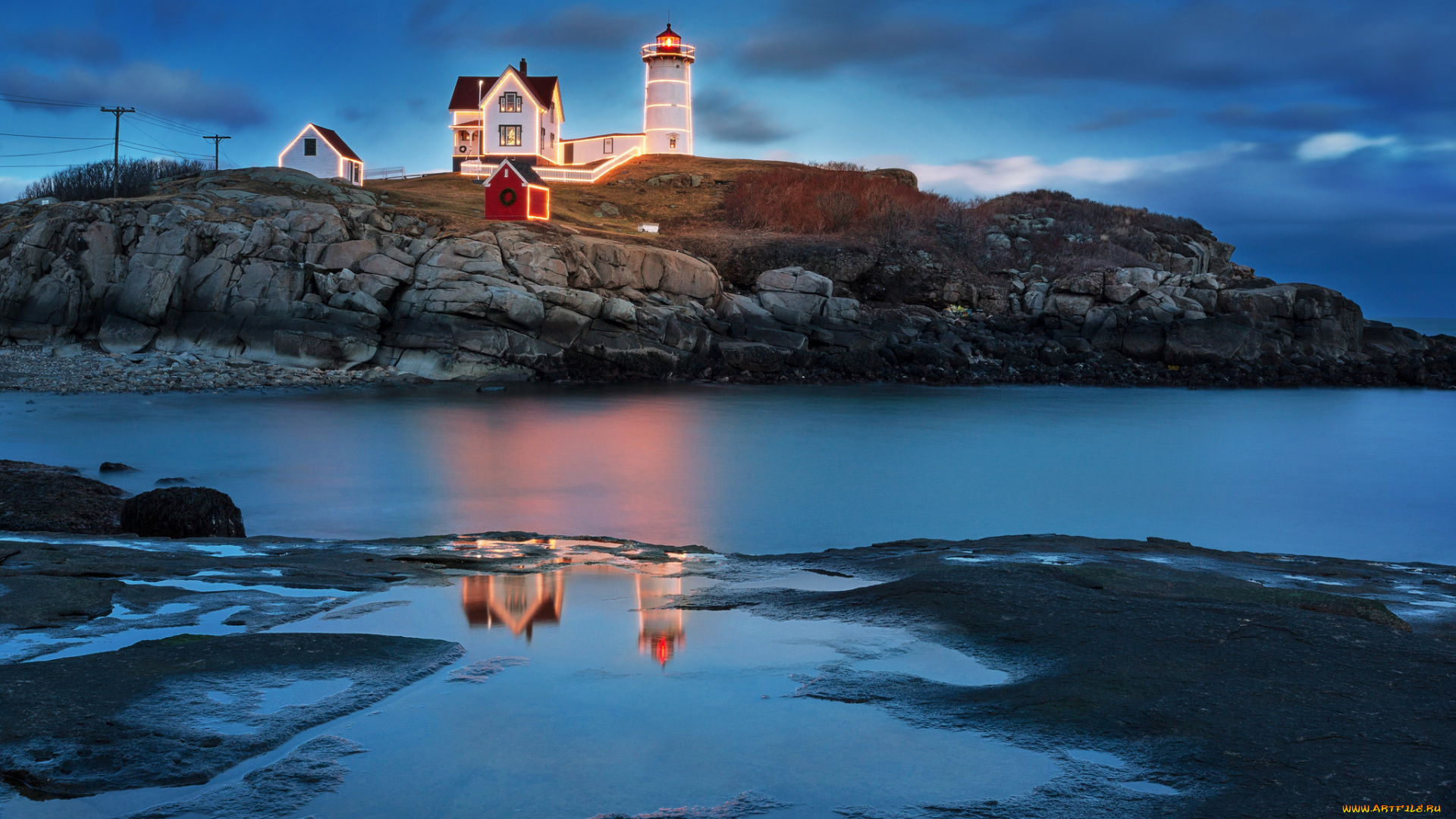 природа, маяки, ночь, рождество, иллюминация, маяк