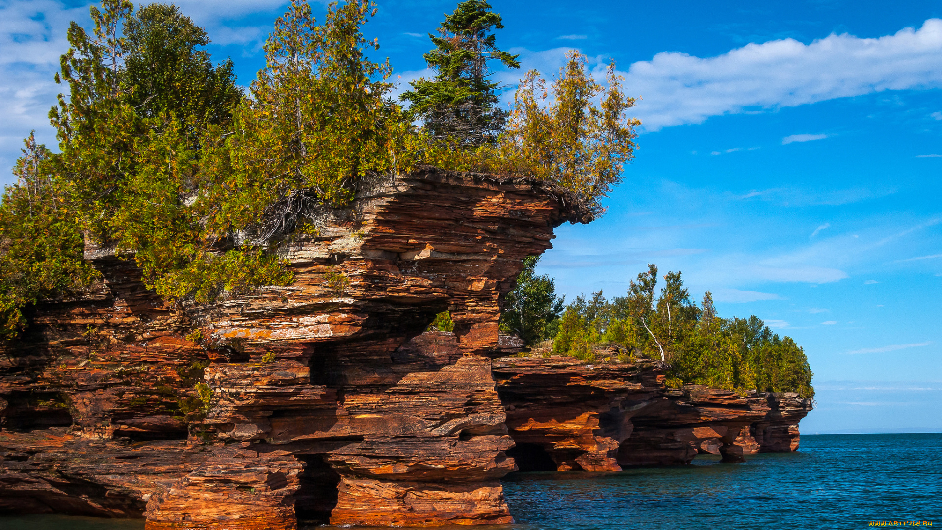 природа, побережье, облака, море, деревья, небо, скалы