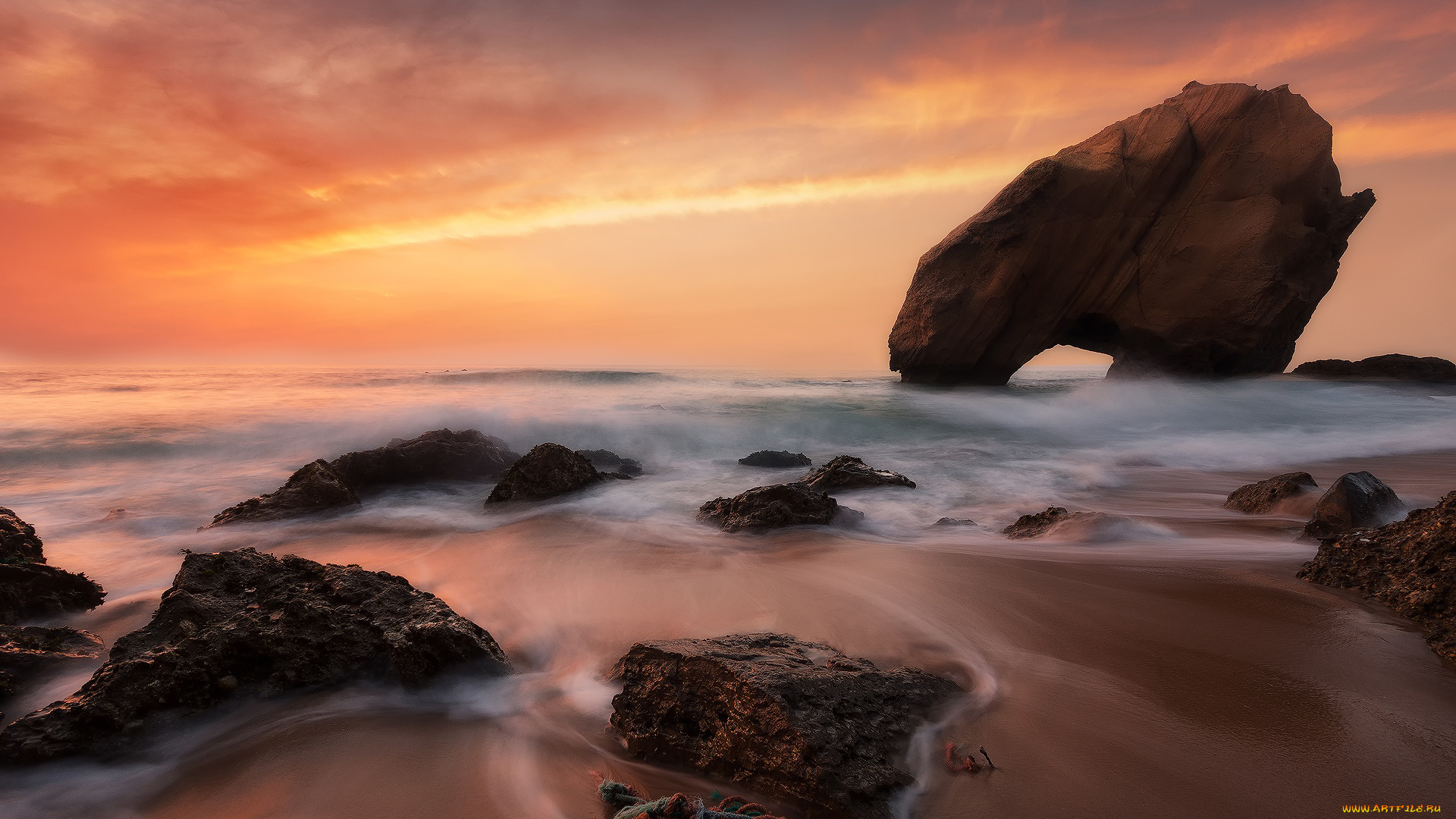 природа, побережье, волны, скалы, пляж, португалия, море, выдержка