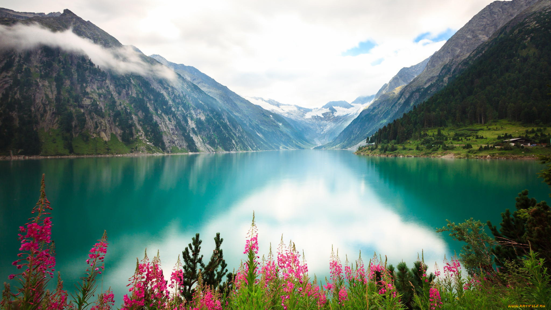 природа, реки, озера, горы, берег, озеро, река, цветы, облака