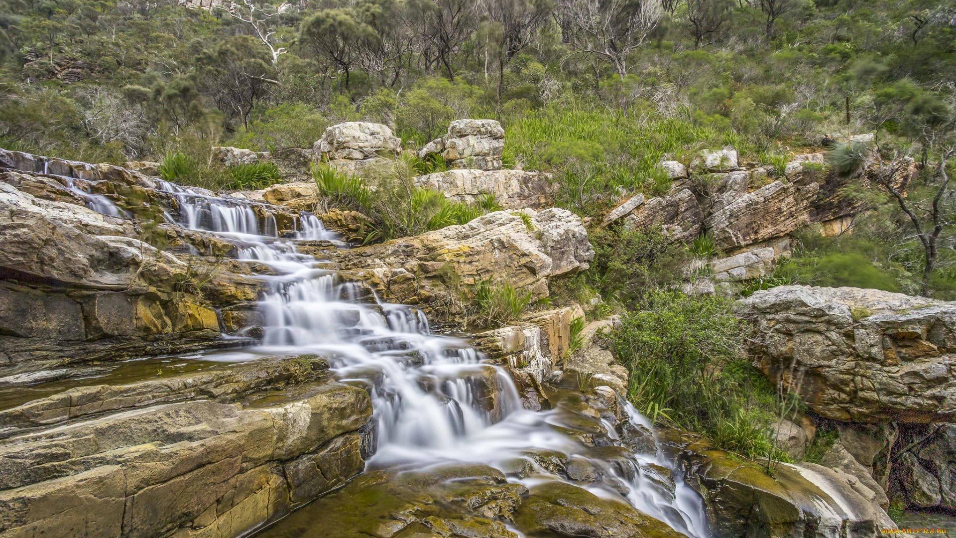 природа, водопады, каскад, лес, скалы, водопад