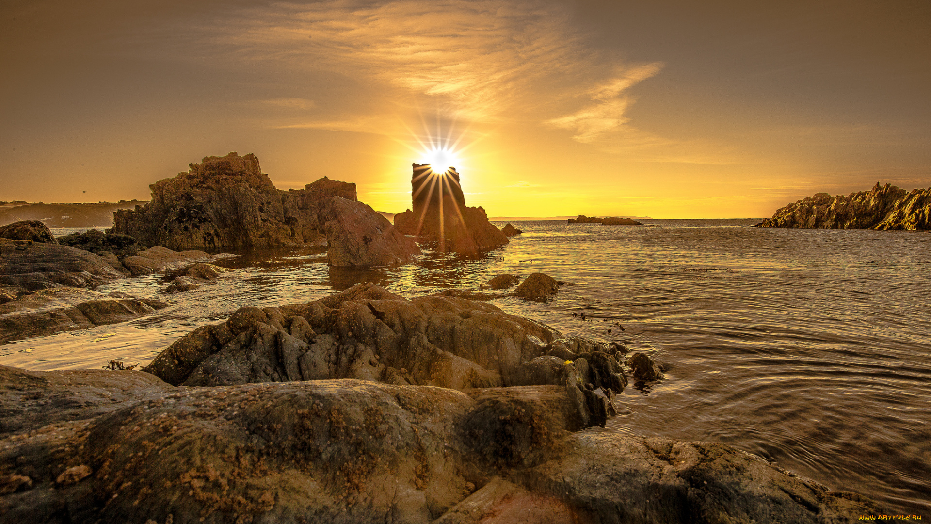 природа, восходы, закаты, сияние, горизонт, скалы, океан