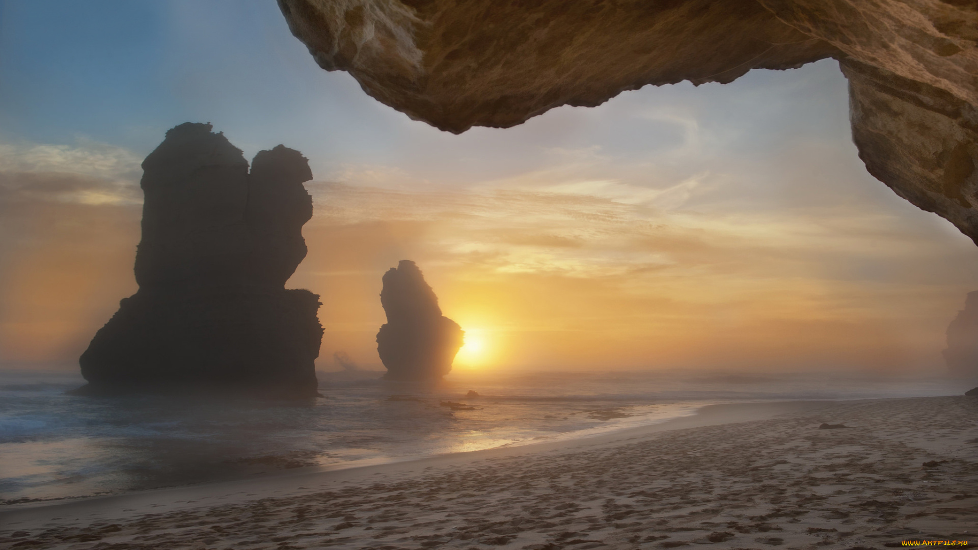 природа, восходы, закаты, туман, утро, скалы, пляж, море