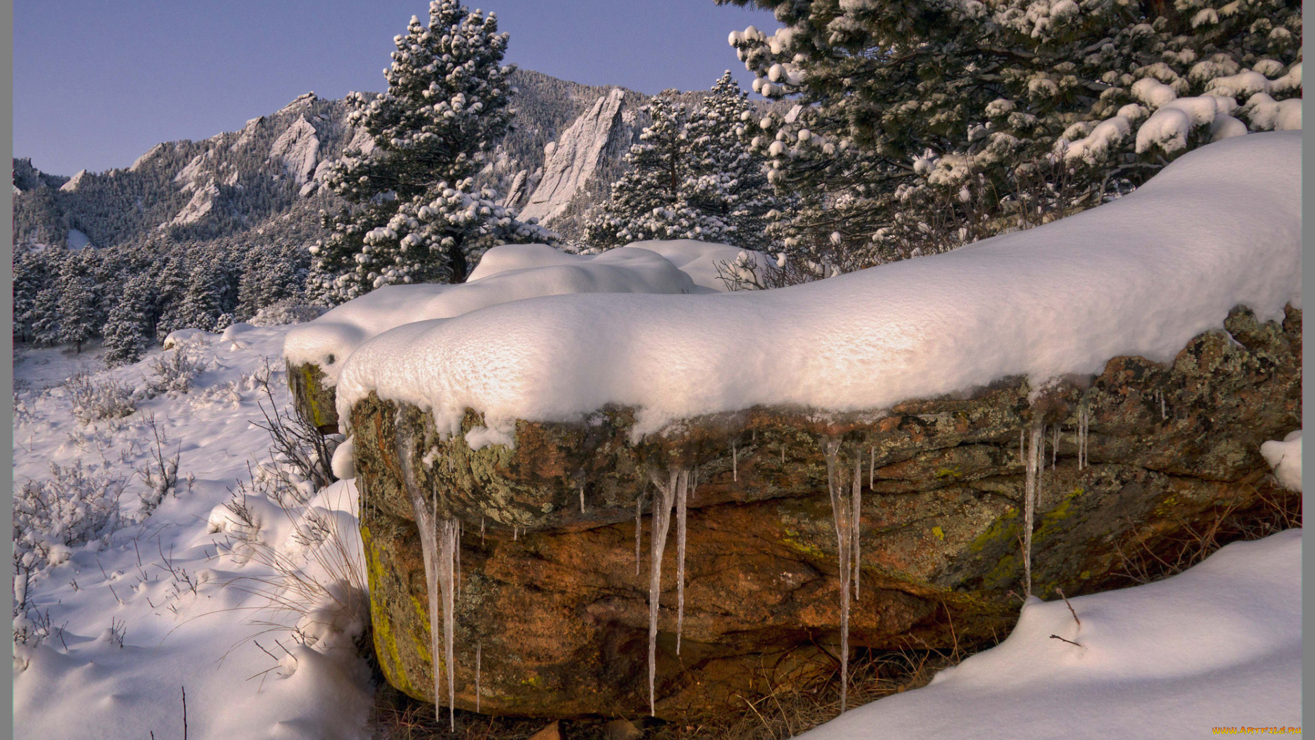 природа, зима, снег, скалы, горы, лес