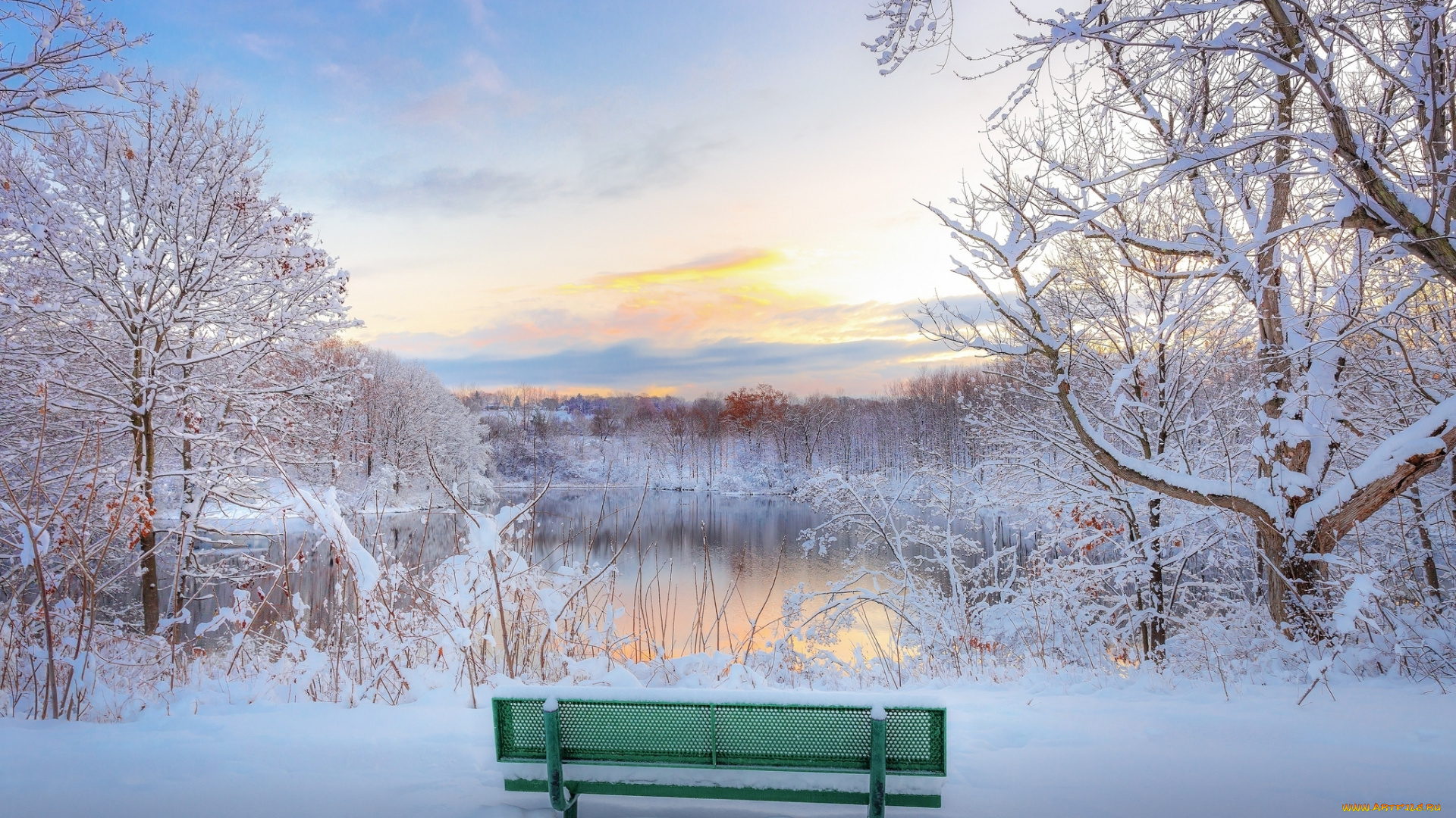 природа, зима, снег, скамейка, озеро, парк, вечер