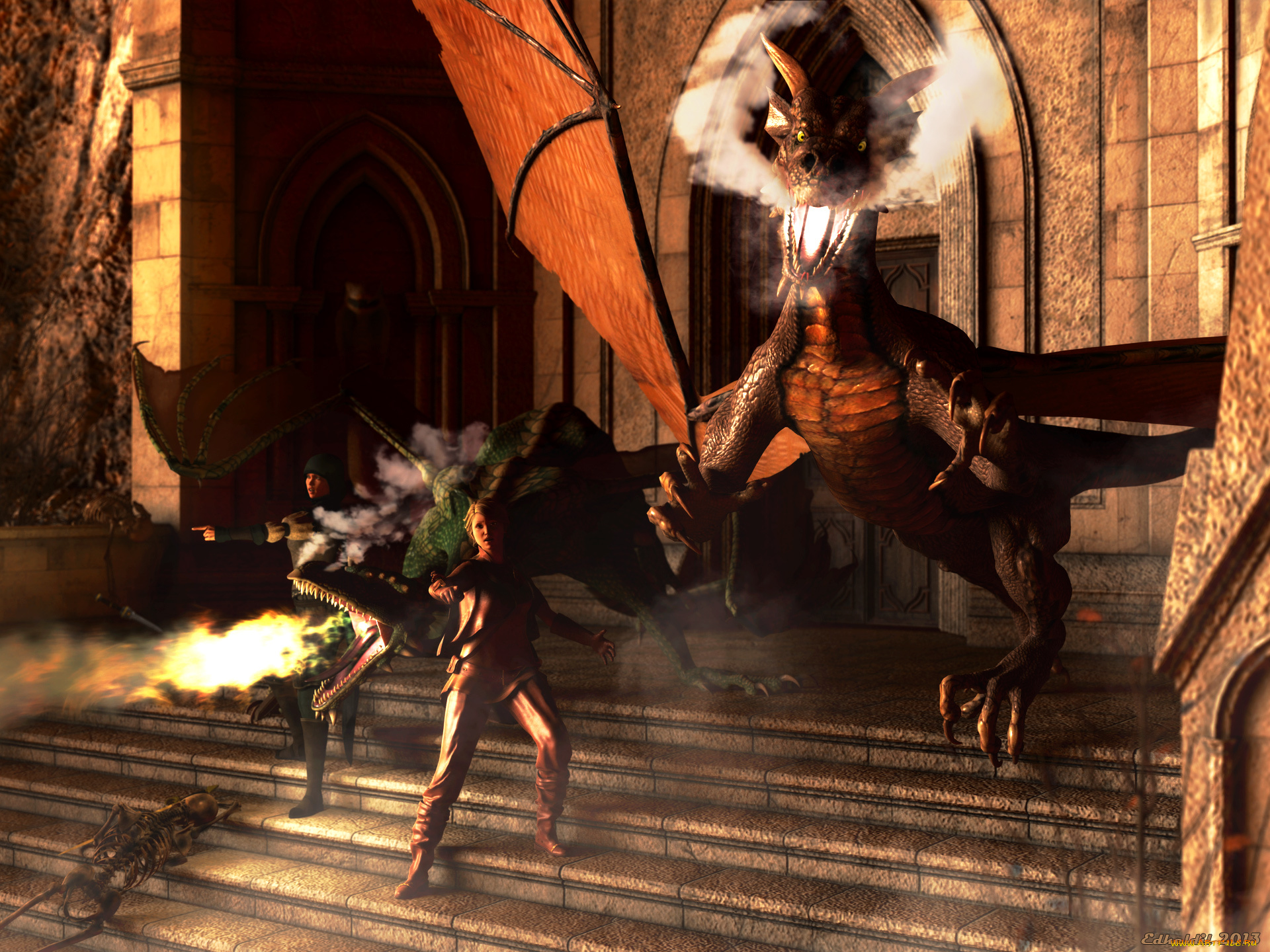 3д, графика, фантазия, , fantasy, фон, девушки, взгляд, лестница, драконы