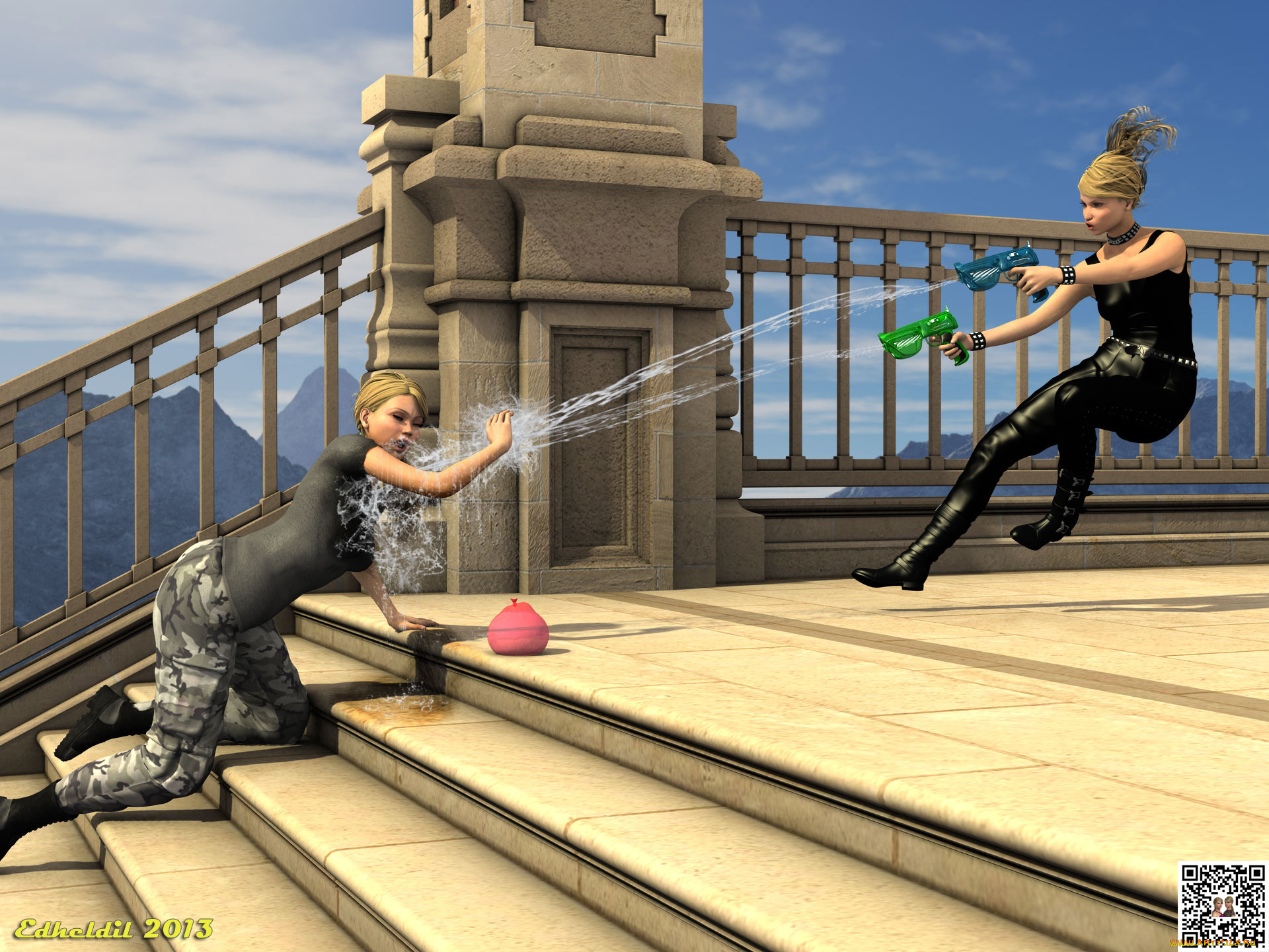 3д, графика, люди, , people, фон, взгляд, девушки, брызги, лестница