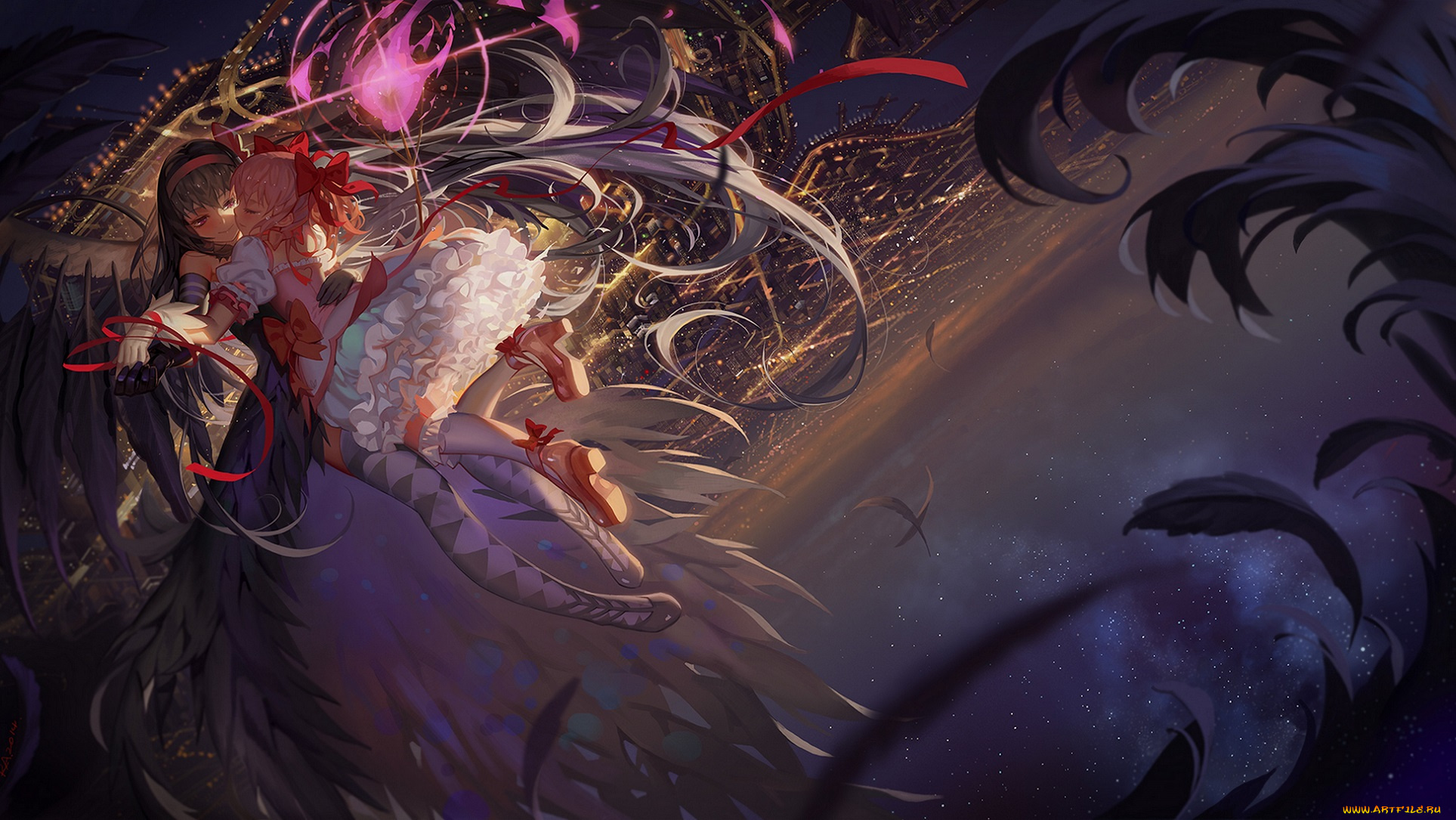 аниме, mahou, shoujo, madoka, magika, перья, падение, крылья, небо, огни, город, девушки, арт, akuma, homura, goddess, madoka, kaname, akemi