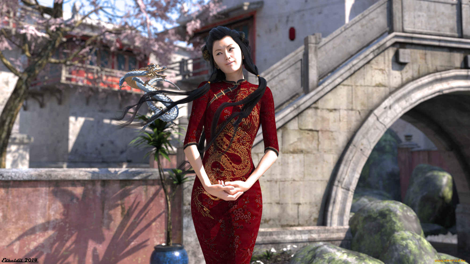 3д, графика, фантазия, , fantasy, девушка, взгляд, фон, дракон