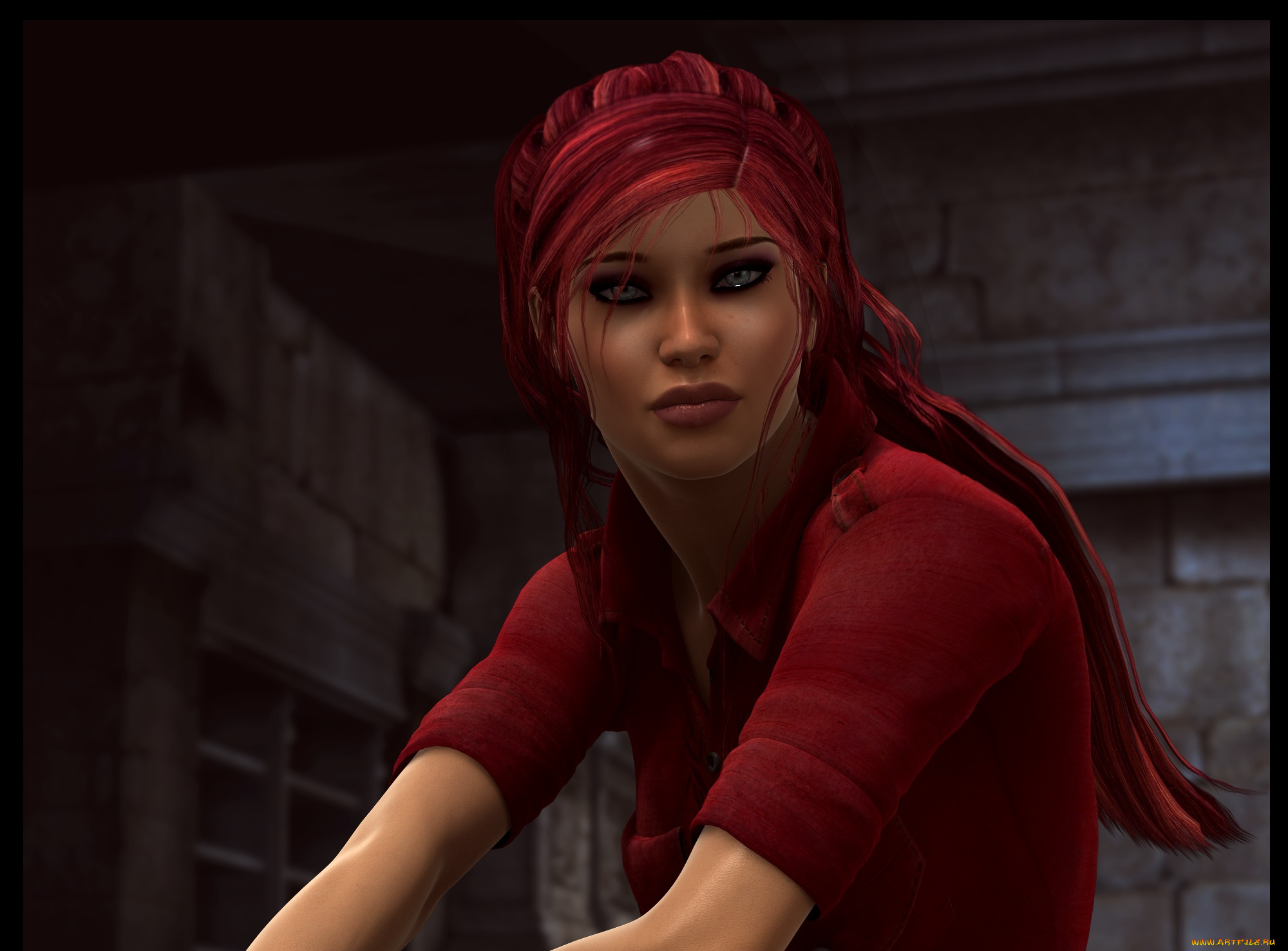 3д, графика, люди, , people, рыжая, фон, взгляд, девушка