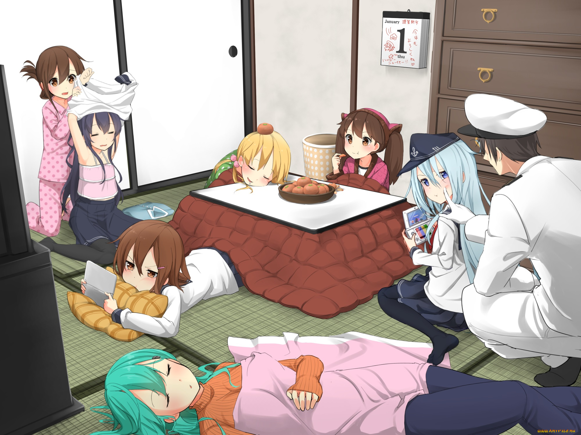 аниме, kantai, collection, парень, еда, помидоры, девушки, арт, max, melon, teitoku, комната