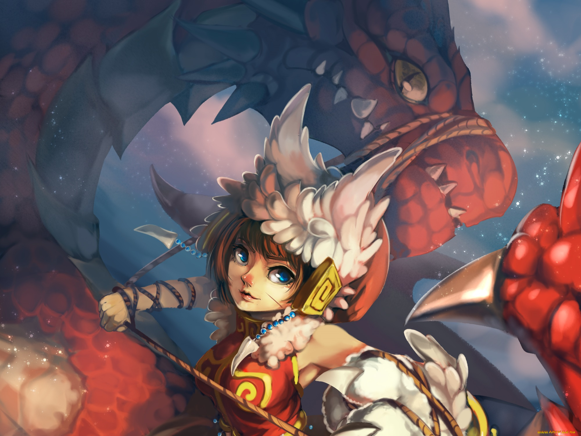 аниме, животные, , существа, арт, девушка, взгляд, дракон