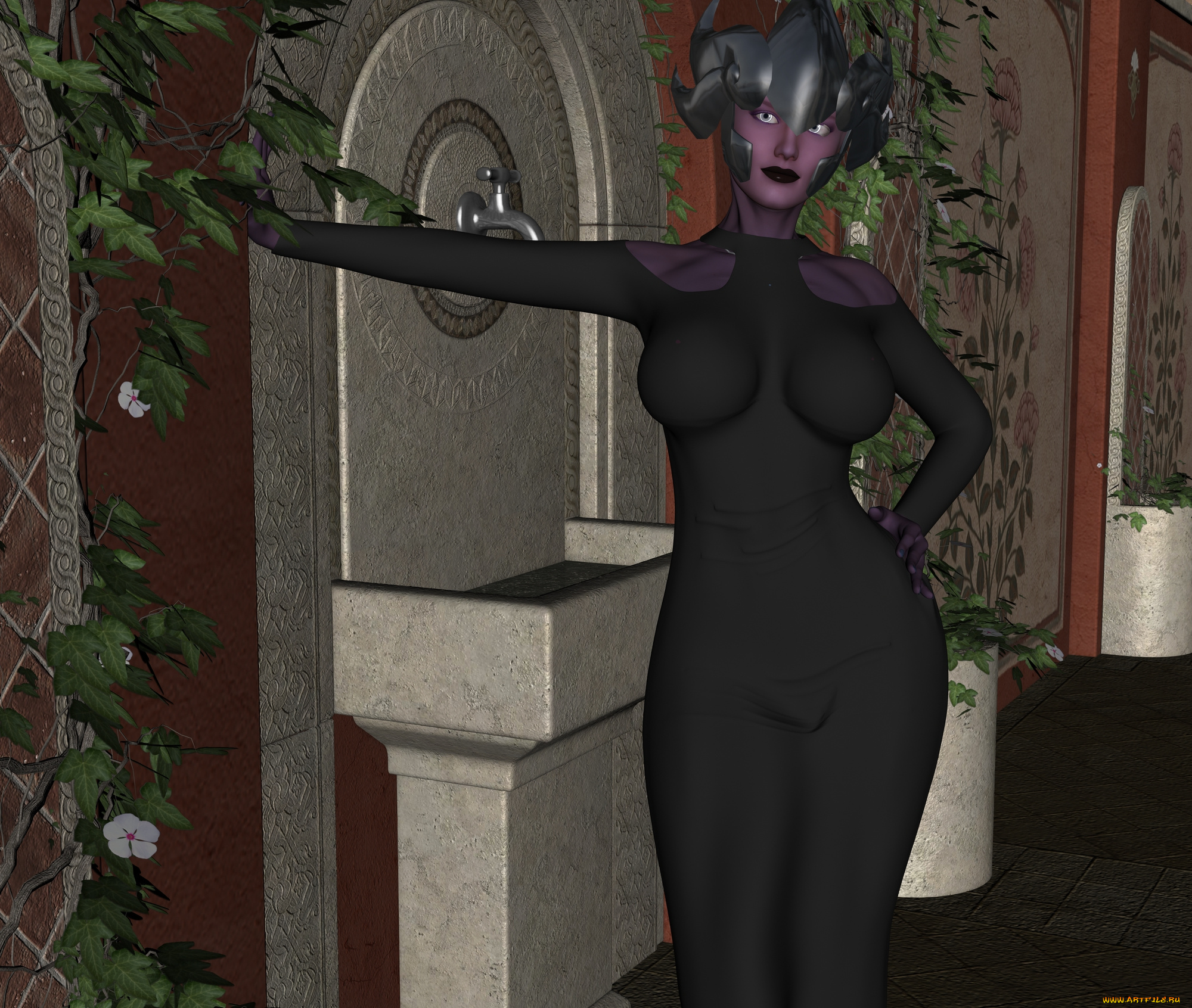 3д, графика, существа, , creatures, цветы, рога, фон, взгляд, кастаника