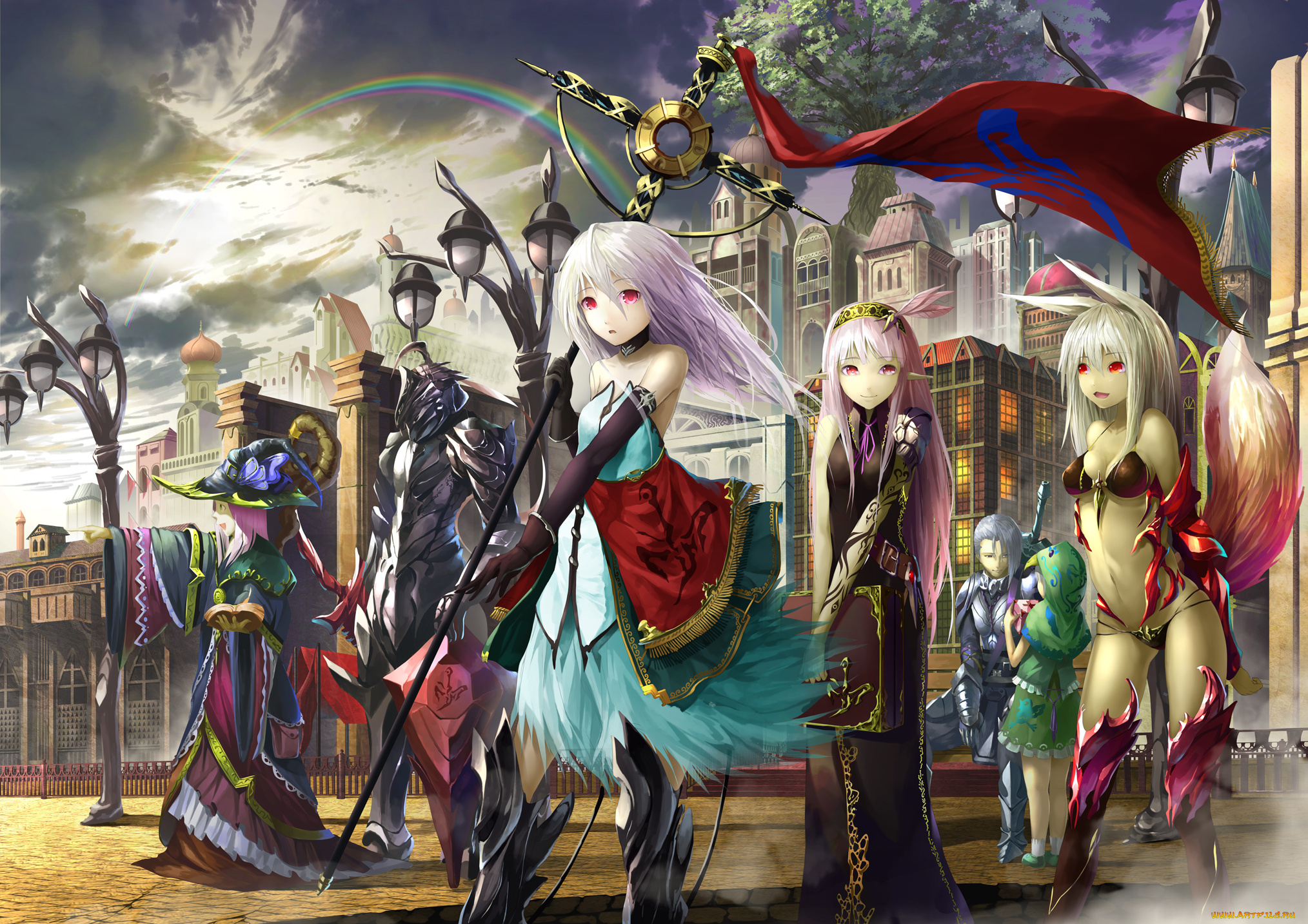 аниме, оружие, , техника, , технологии, tyappygain, парни, арт, улица, лавочка, фонари, город, здания, девушки, доспехи