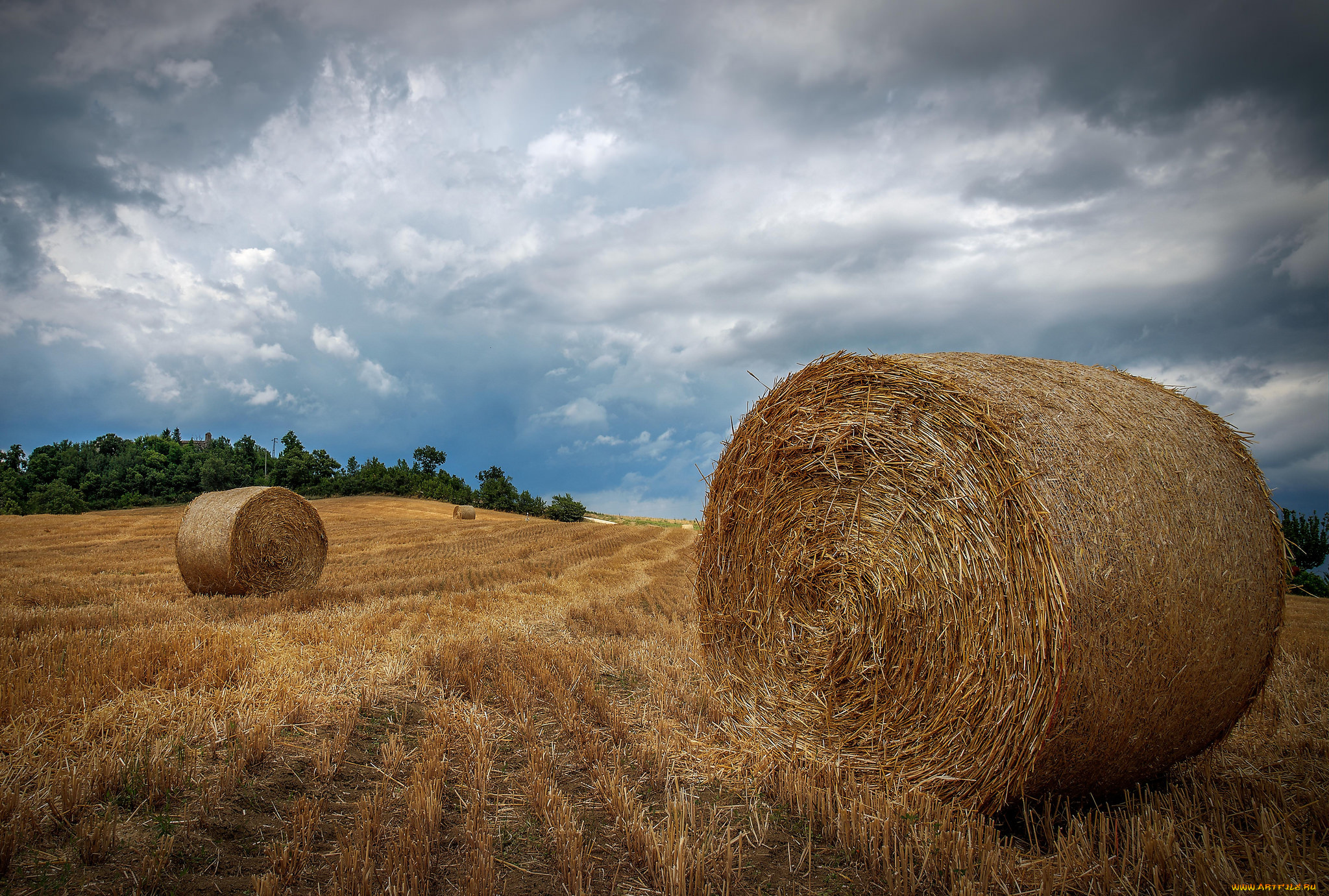 природа, поля, тучи, стога, поле