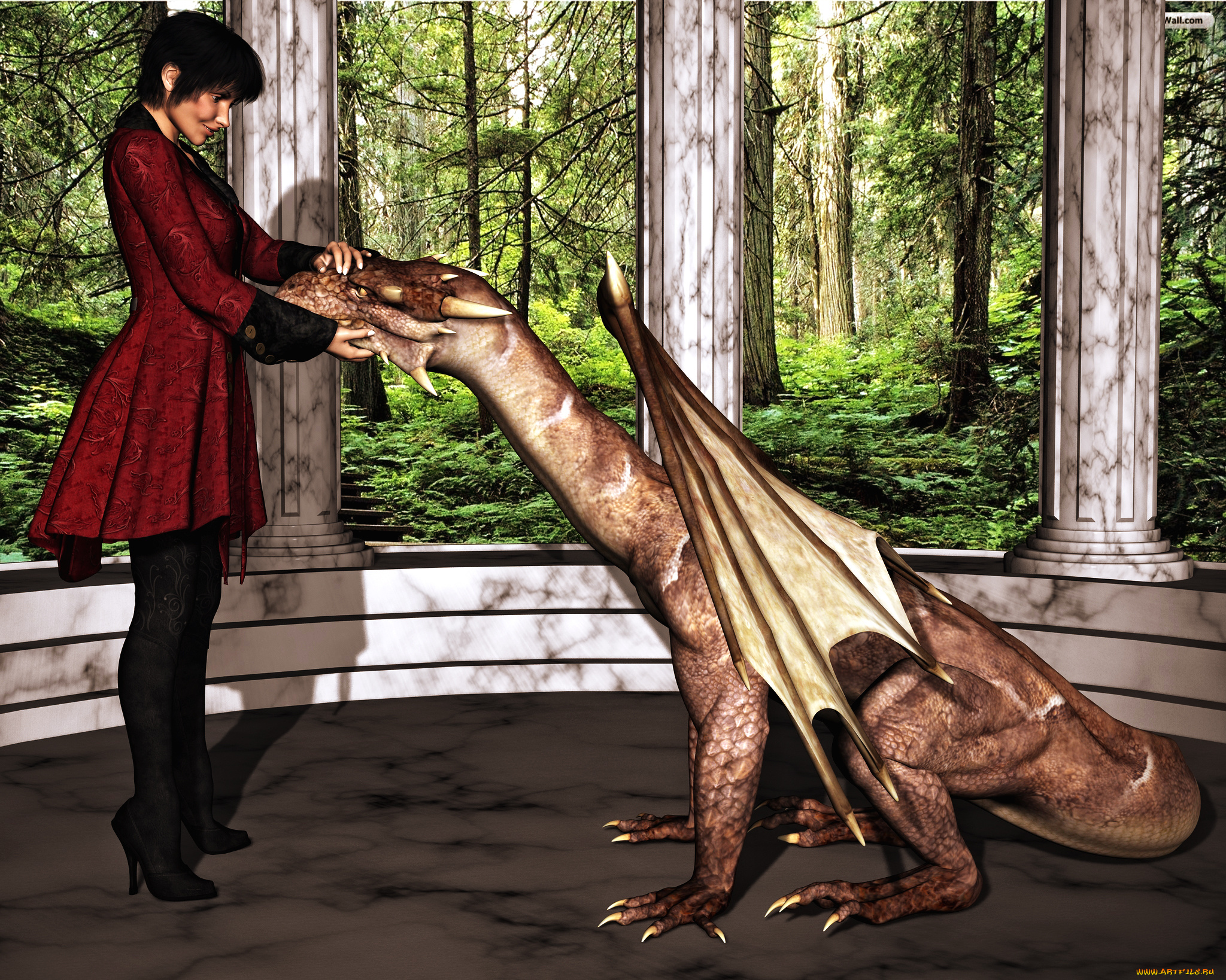 3д, графика, фантазия, , fantasy, девушка, фон, взгляд, пасть, дракон