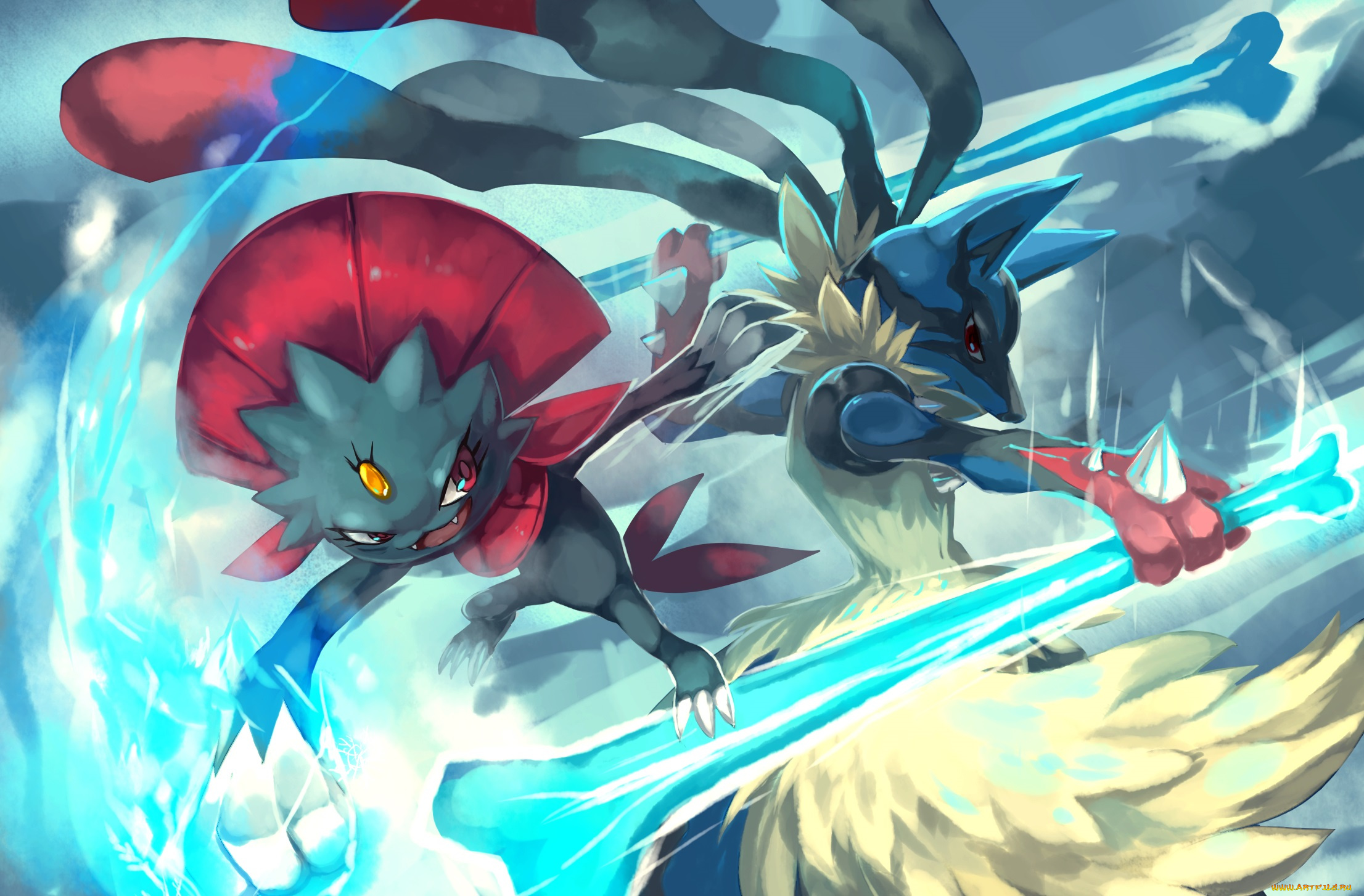 аниме, pokemon, megalucario, weavile, арт, покемоны, битва