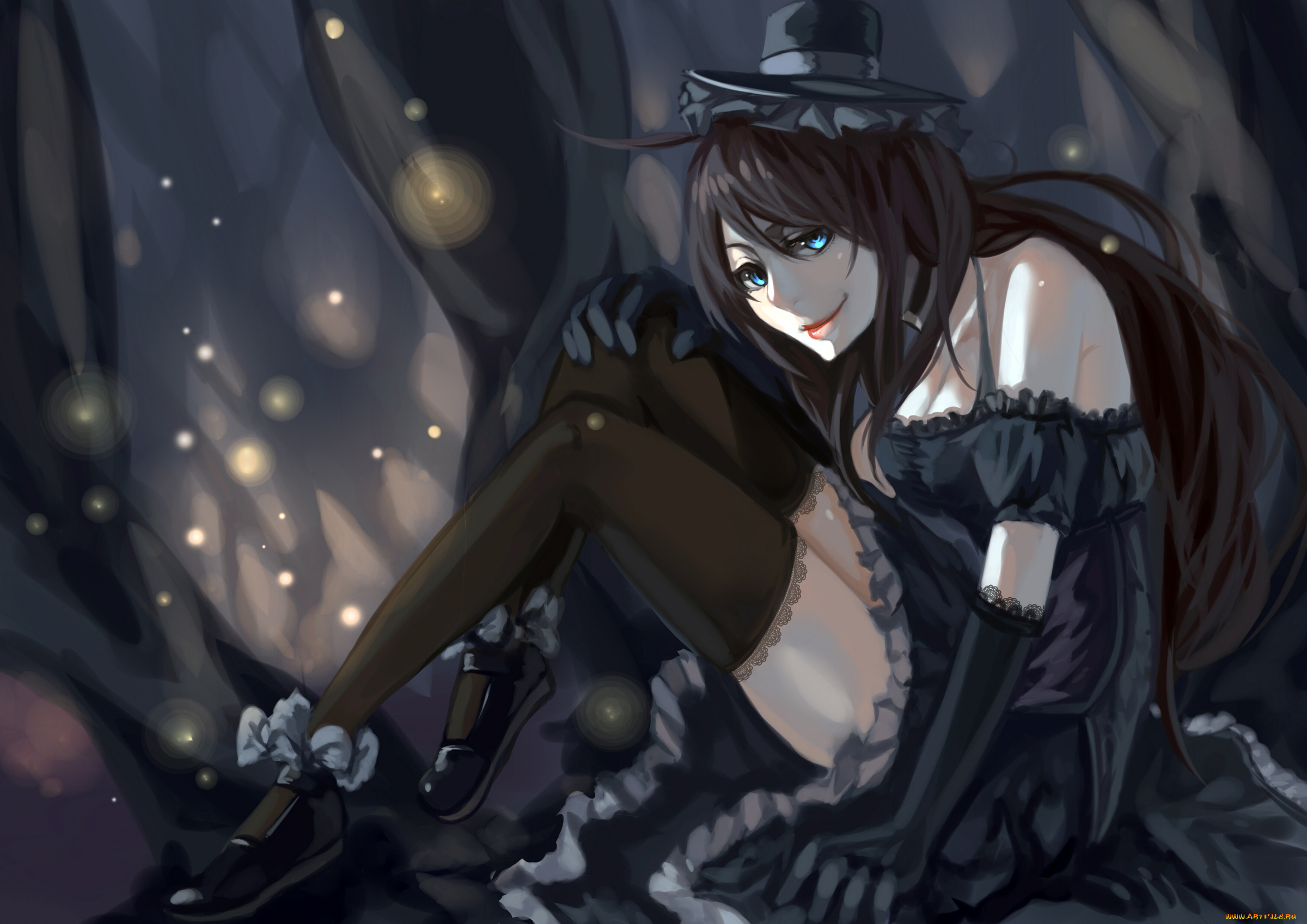 аниме, unknown, , другое, kuroduki, шляпка, брюнетка, взгляд, девушка, арт