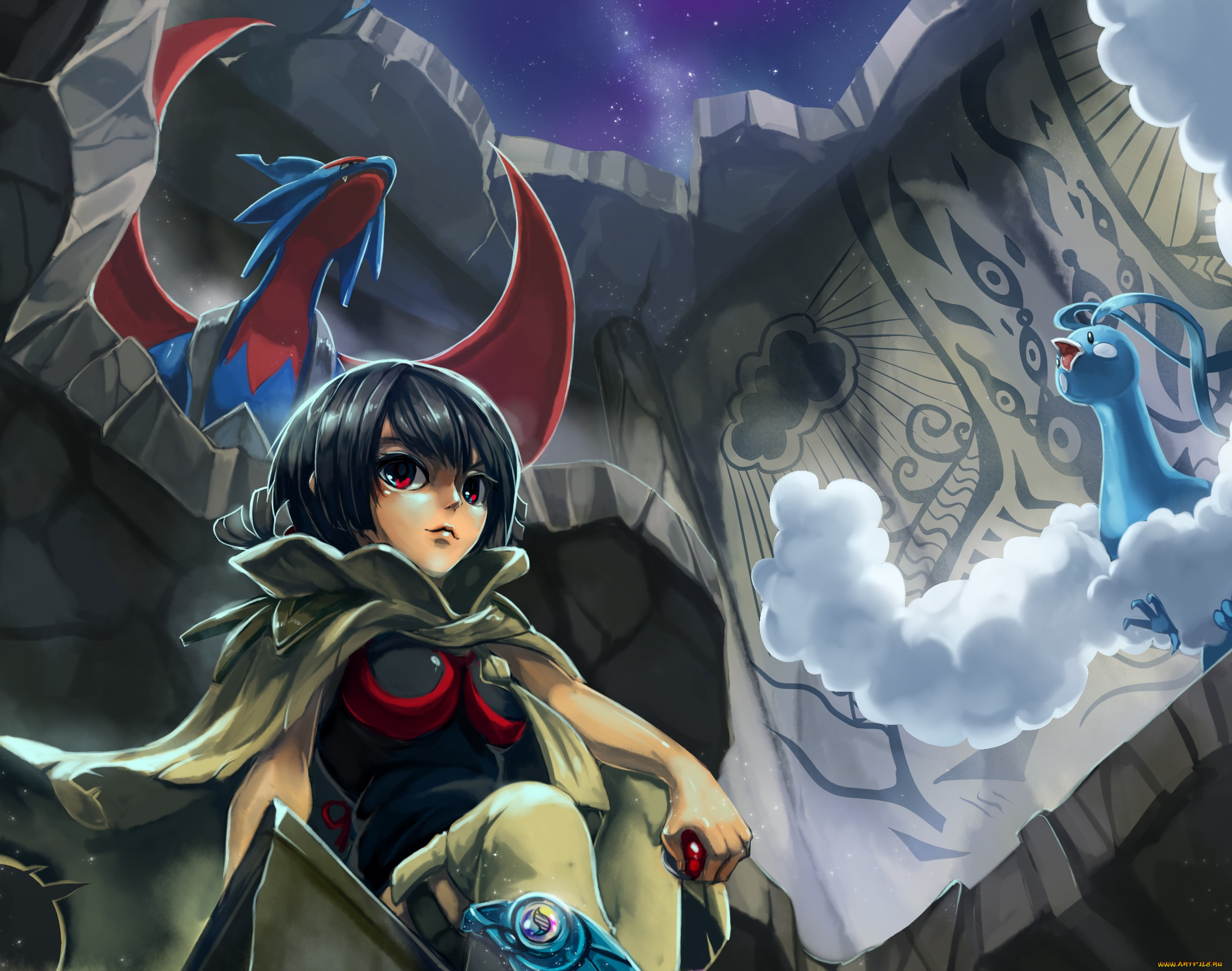 аниме, pokemon, звёздное, покемон, руины, небо, девушка, драконы