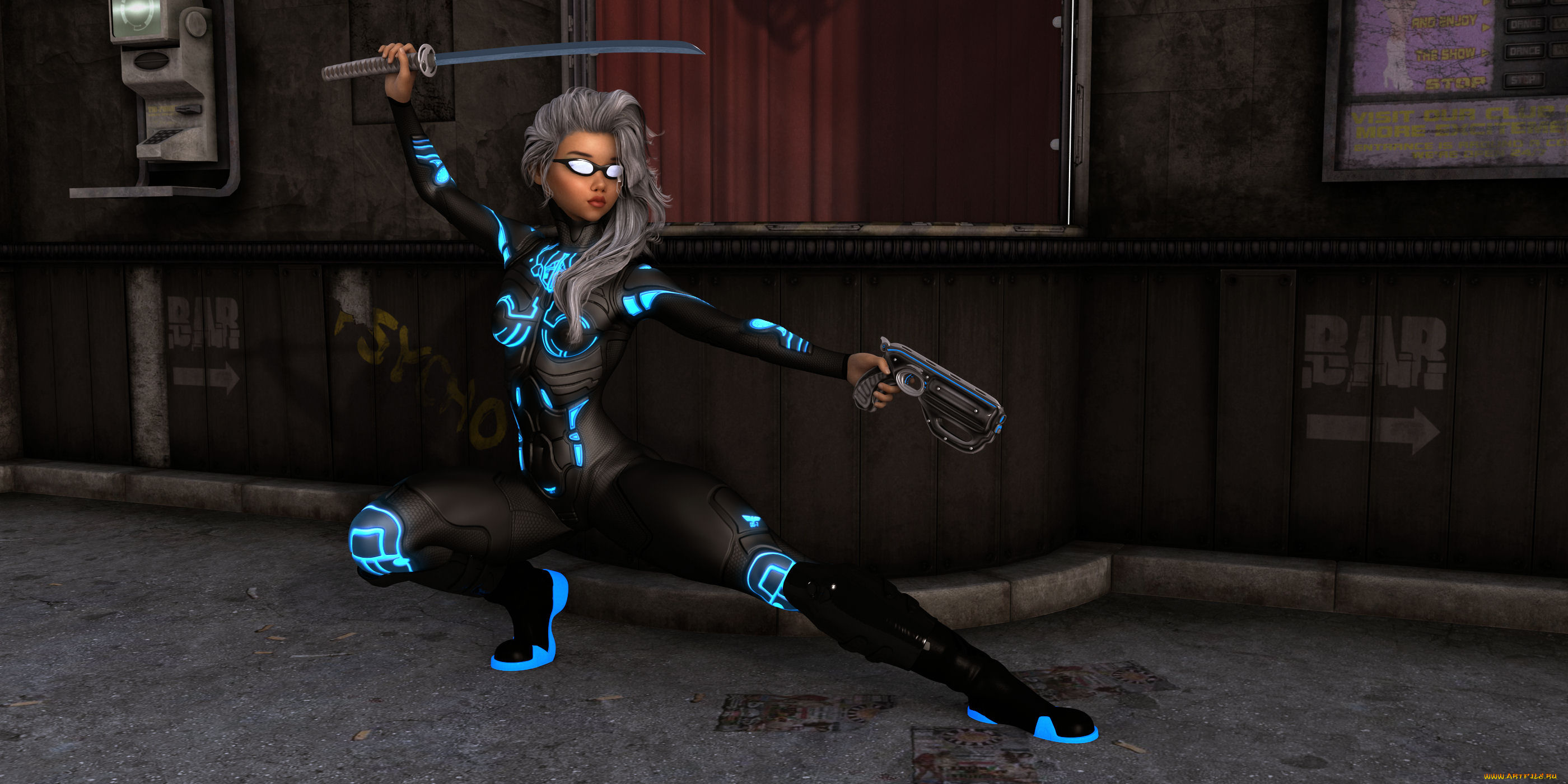 3д, графика, фантазия, , fantasy, взгляд, девушка, очки, оружие, фон