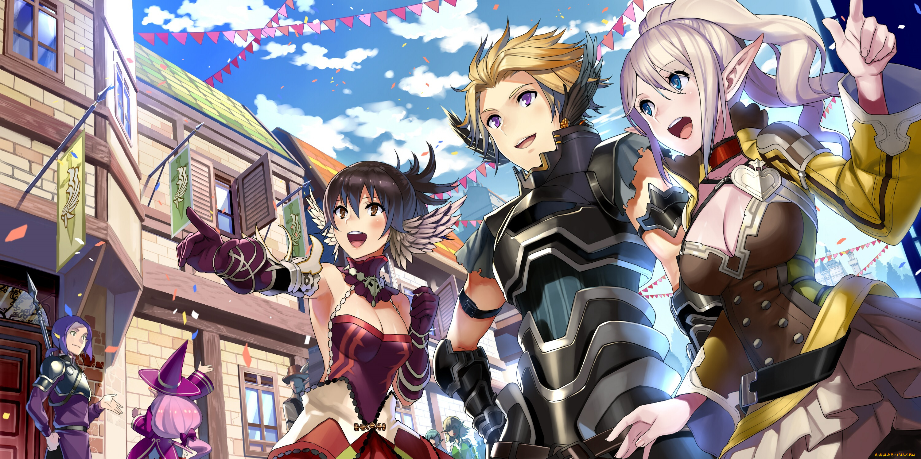 аниме, оружие, , техника, , технологии, город, улица, девушки, арт, matsui, hiroaki, парень, эльфы, веселье, праздник, облака, карнавал, небо, флажки