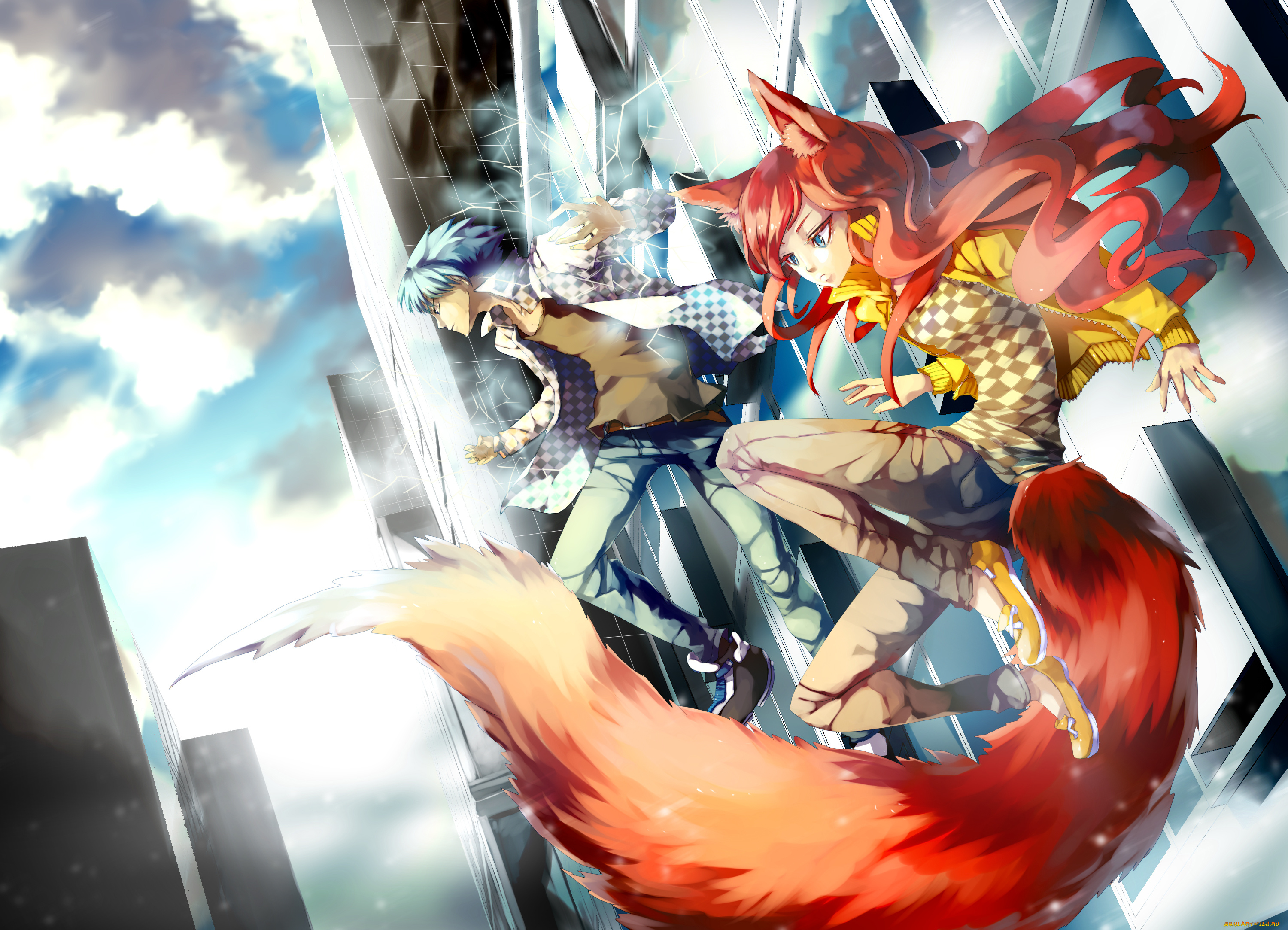 аниме, животные, , существа, лиса, арт, хвост, ушки, девушка, здание, парень