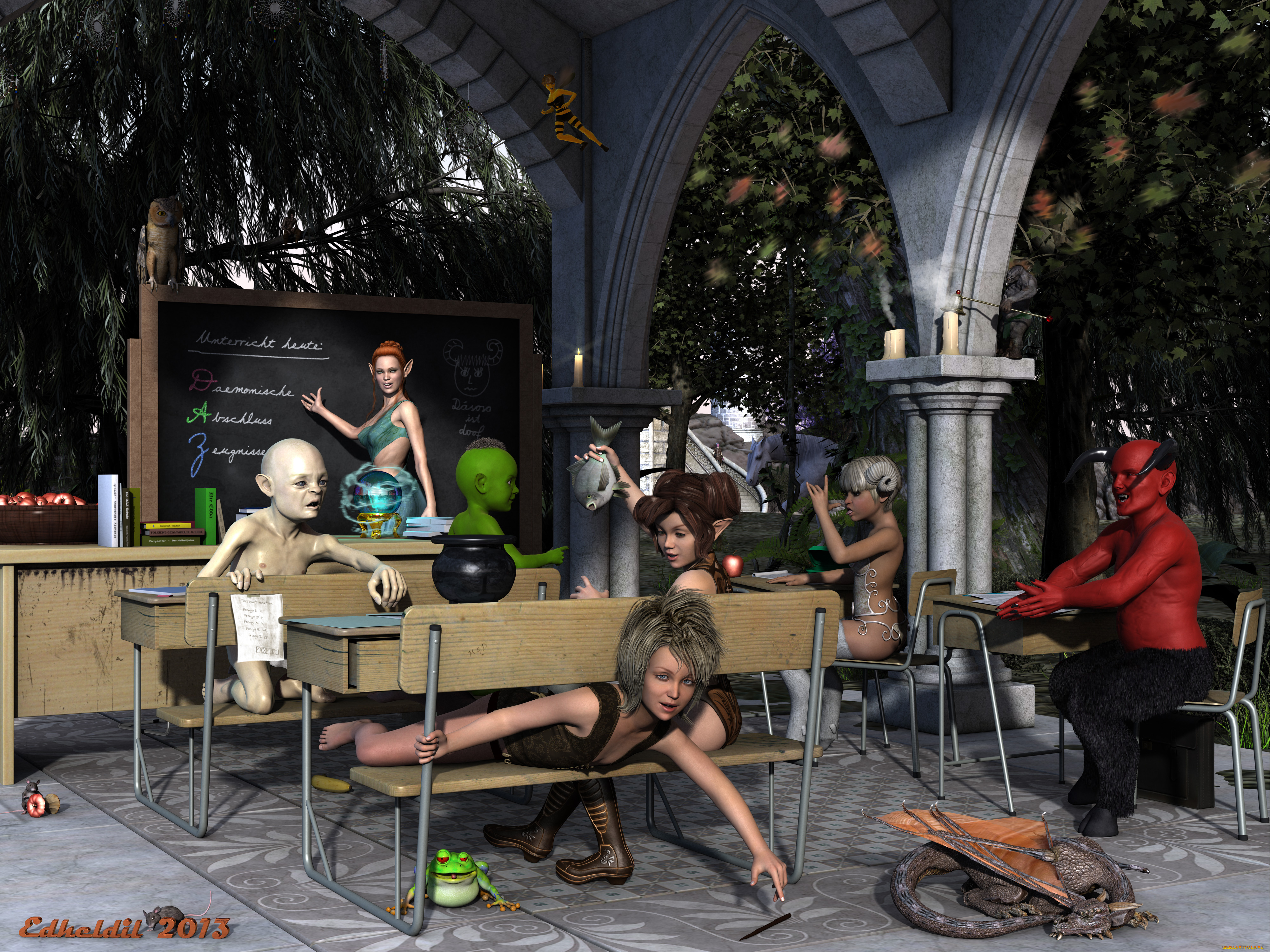 3д, графика, эльфы, , elves, дракон, скамейки, столы, эльфы, доска, урок, лягушка