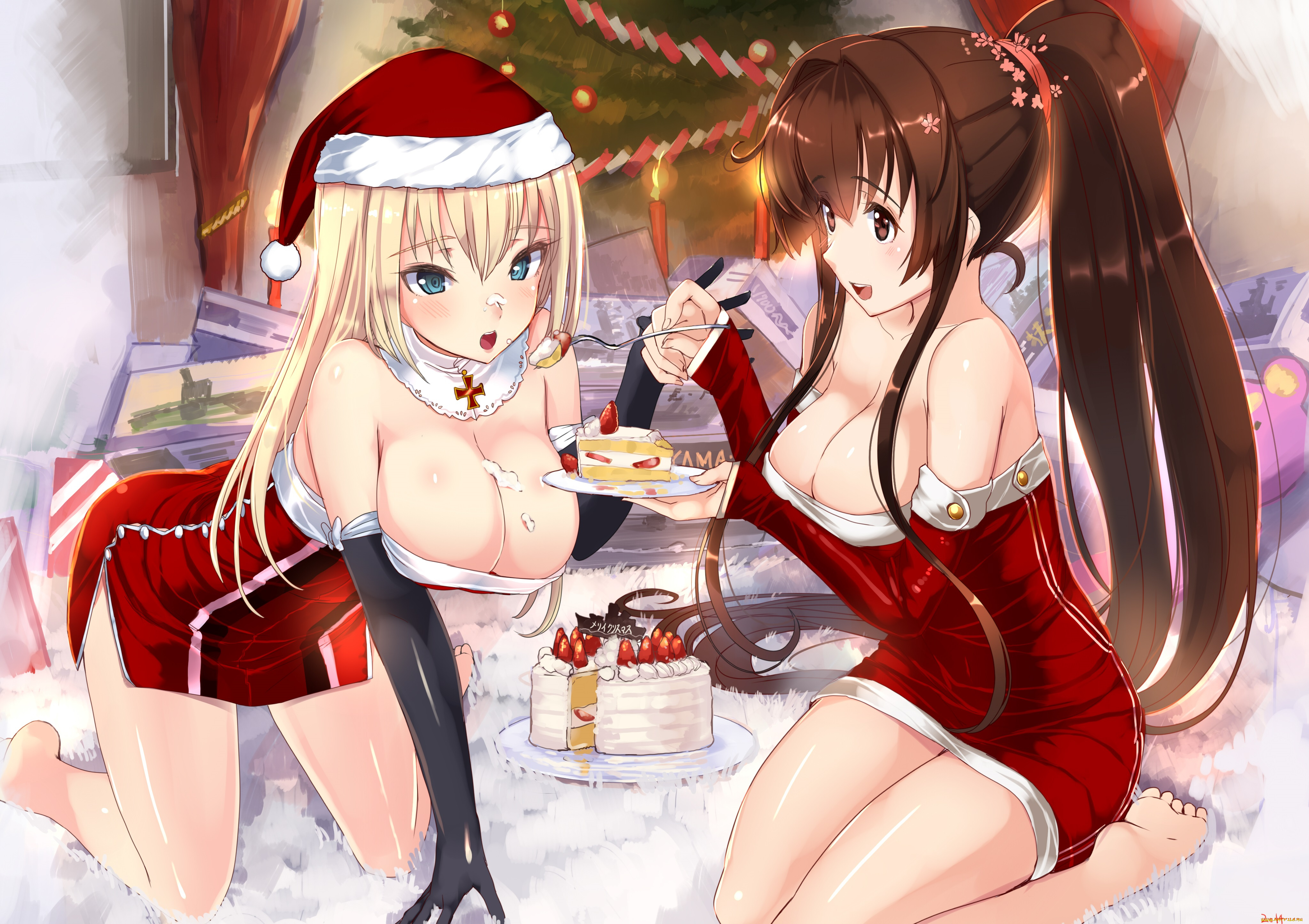 аниме, kantai, collection, снегурочки, новый, год, девушки, akasaai, ёлка, торт, арт, yamato, kancolle, bismarck, kantai, collection