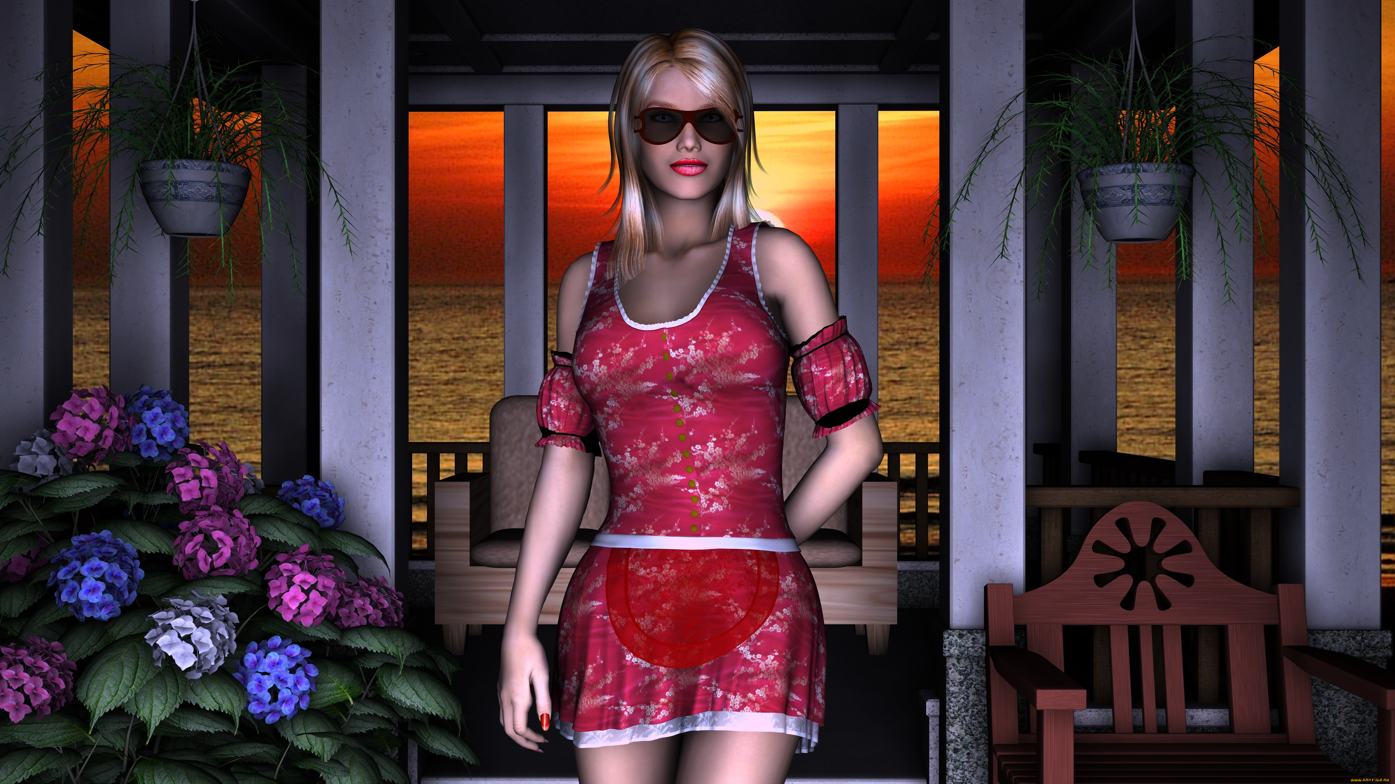 3д, графика, люди, , people, фон, очки, цветы, платье, взгляд, девушка