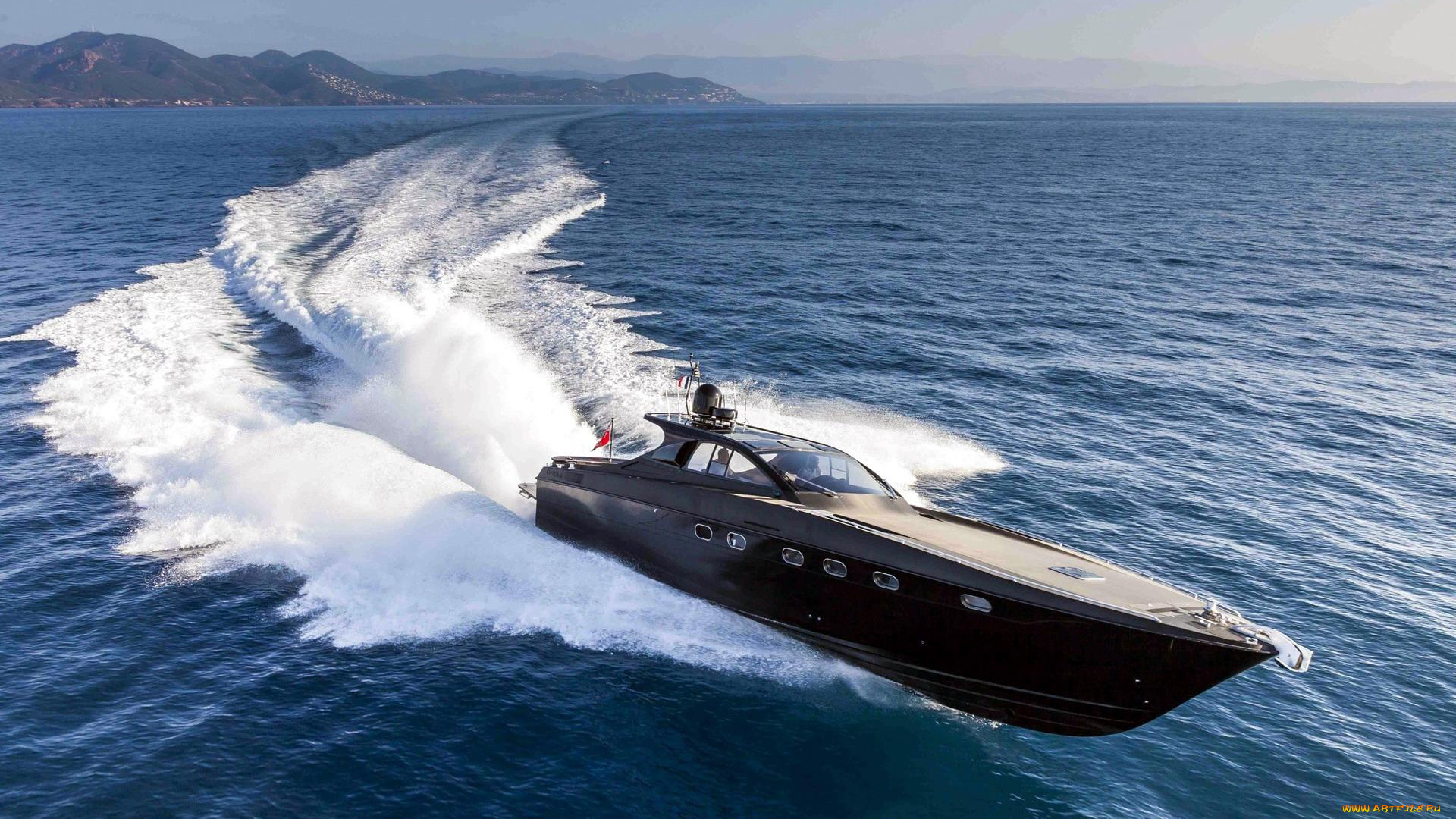 корабли, катера, горы, поворот, скорость, кильватерная, струя, катер, море, берег