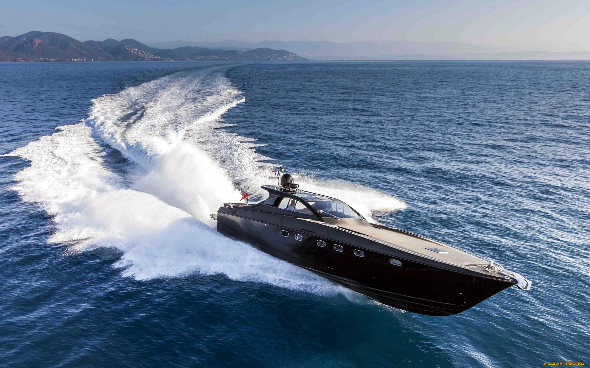 корабли, катера, горы, поворот, скорость, кильватерная, струя, катер, море, берег