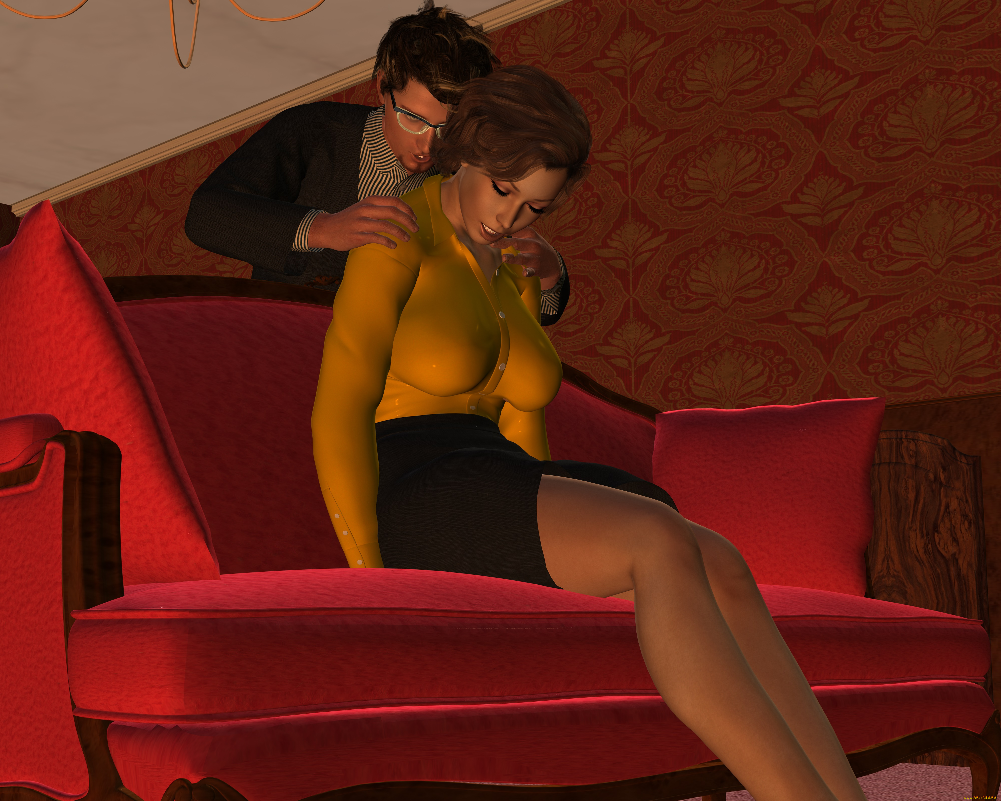 3д, графика, фантазия, , fantasy, интерьер, мужчина, фон, взгляд, девушка