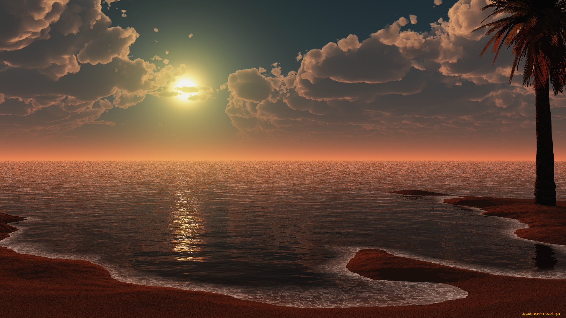 3д, графика, природа, , nature, облака, море, закат