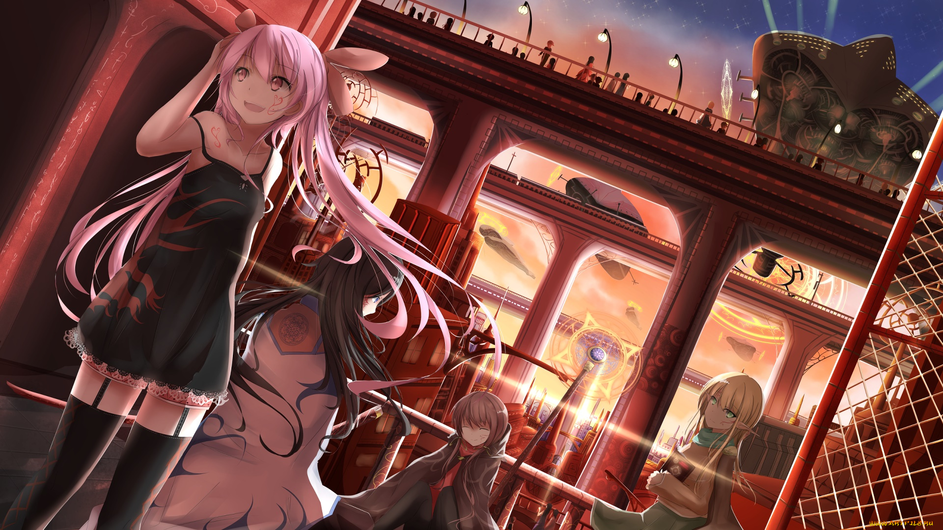 аниме, город, , улицы, , здания, девушки, взгляд, фон