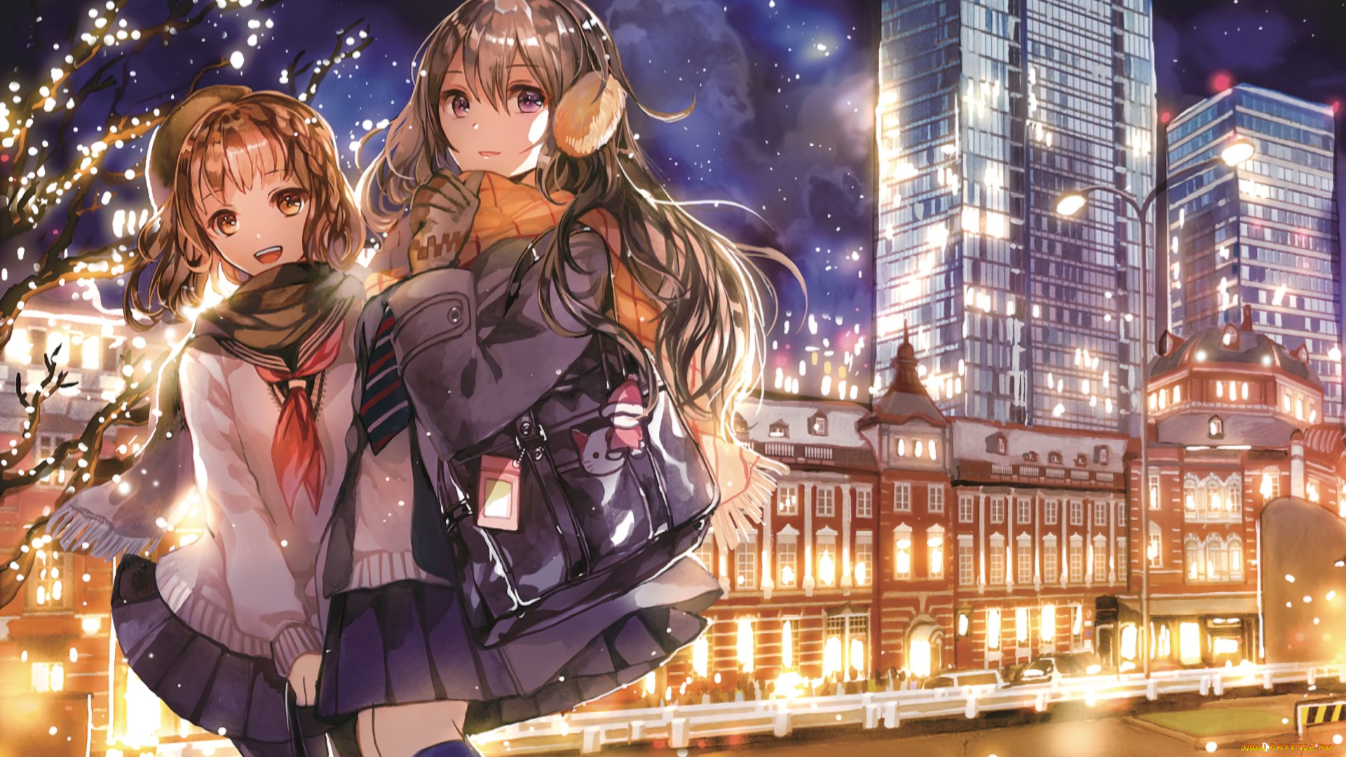 аниме, город, , улицы, , здания, девушки, взгляд, фон