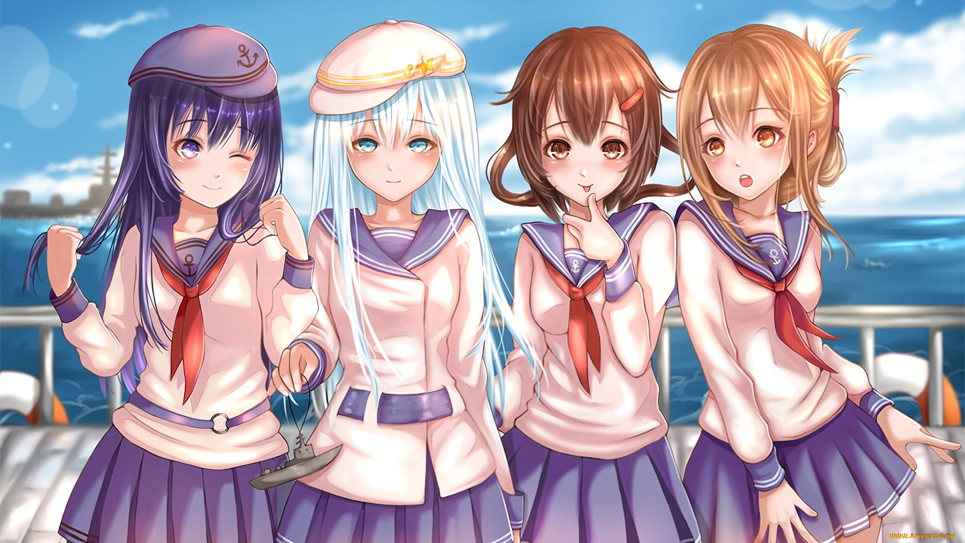 аниме, kantai, collection, девушки, взгляд, фон