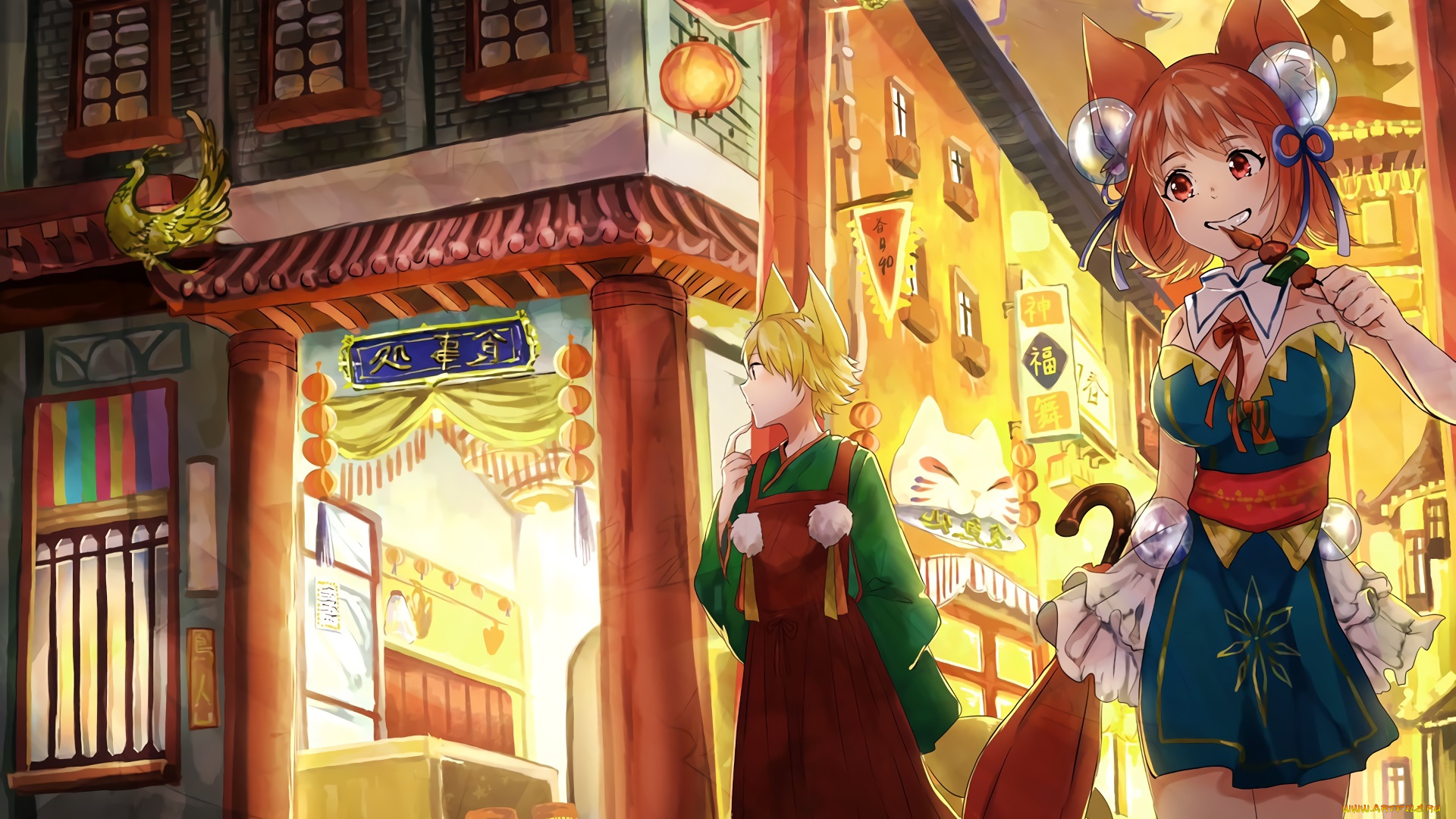 аниме, животные, , существа, девушка, взгляд, фон