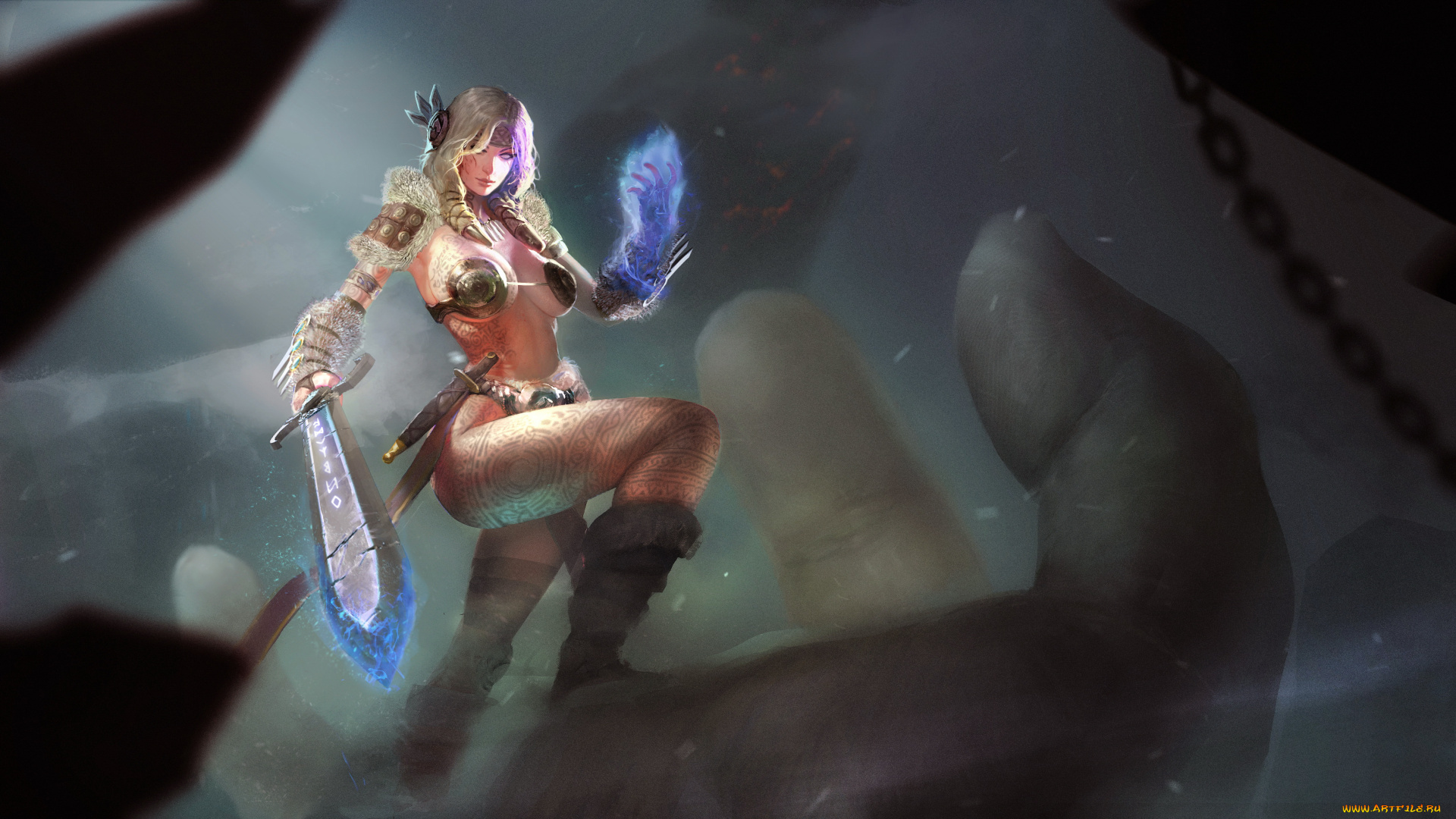 фэнтези, девушки, меч, рука, девушка, фон