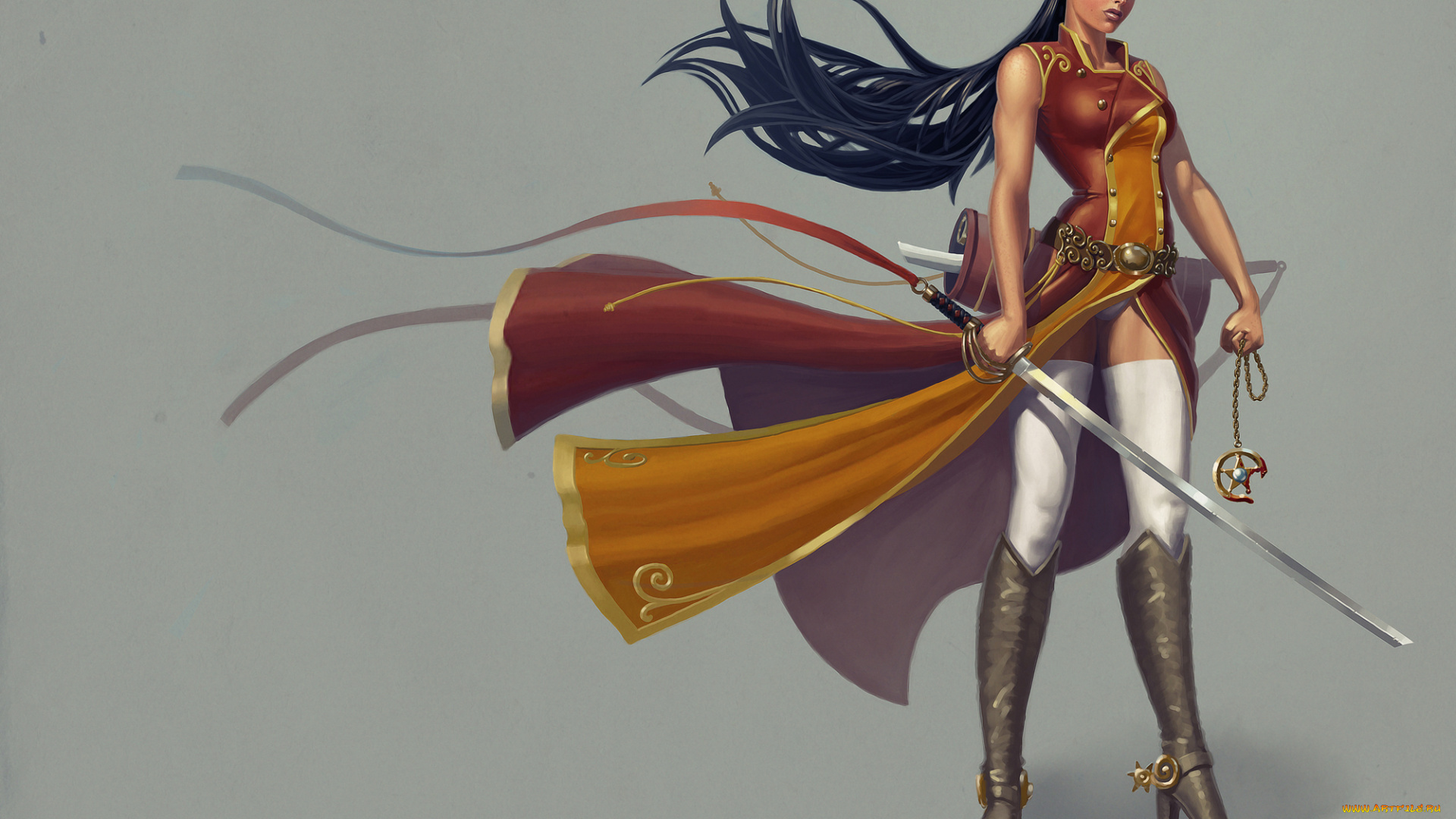 фэнтези, девушки, сабля, фон, взгляд, униформа, девушка