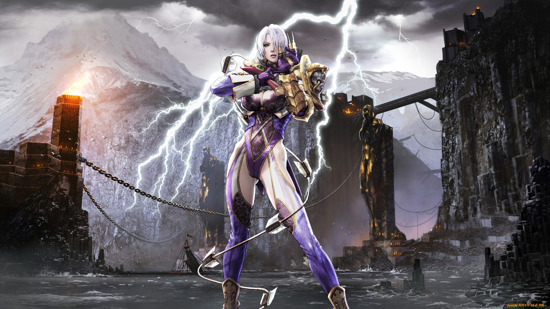 фэнтези, девушки, униформа, гора, молния, фон, взгляд, девушка