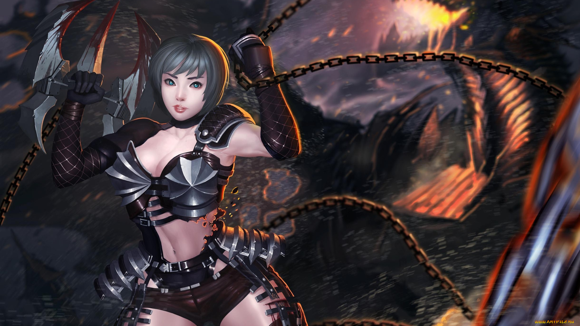фэнтези, красавицы, и, чудовища, дракон, оружие, девушка, арт, цепи