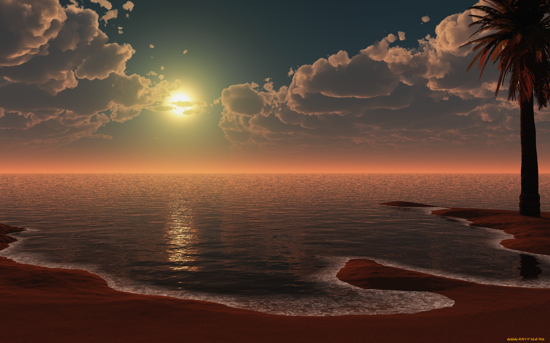3д, графика, природа, , nature, облака, море, закат
