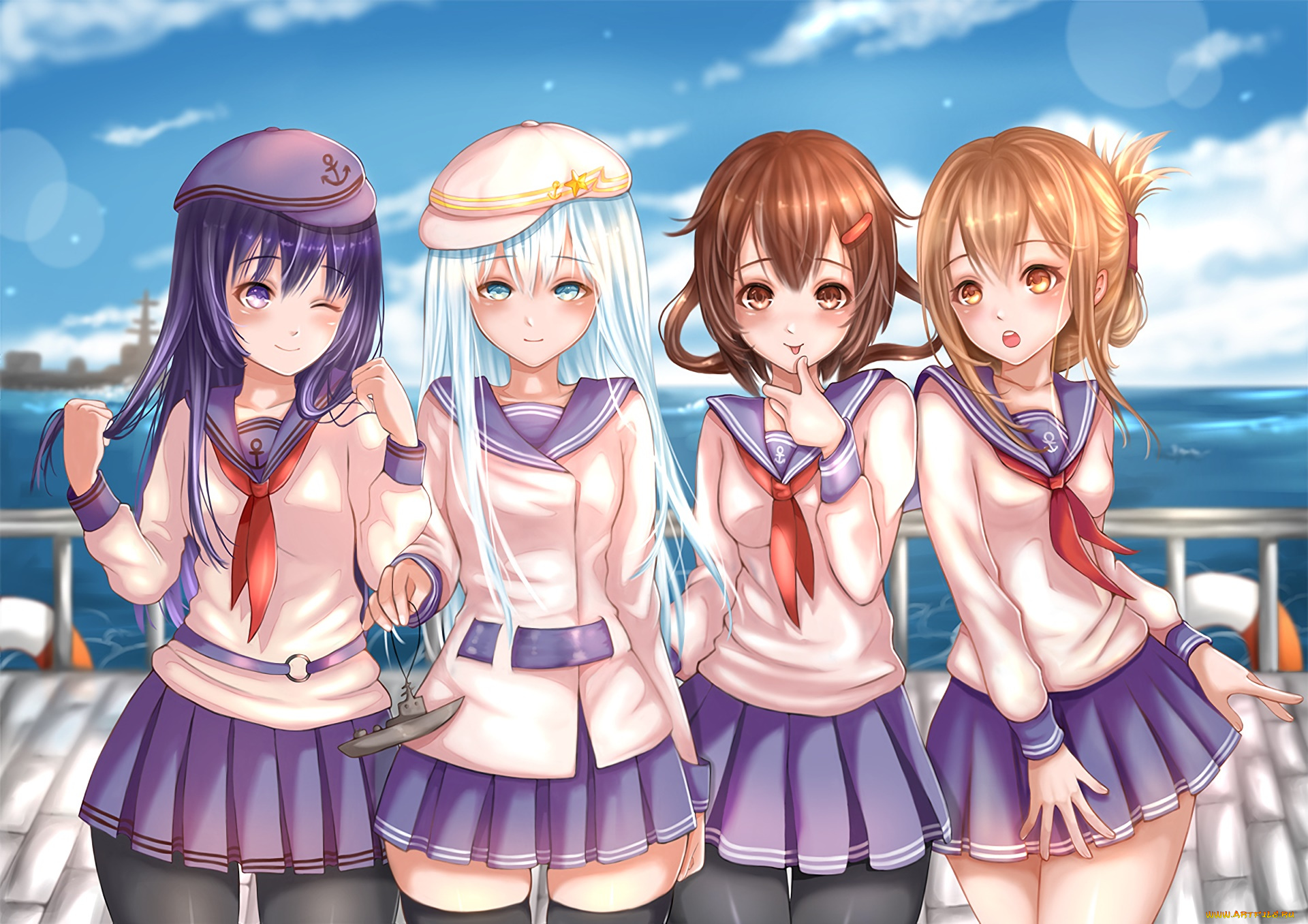 аниме, kantai, collection, девушки, взгляд, фон